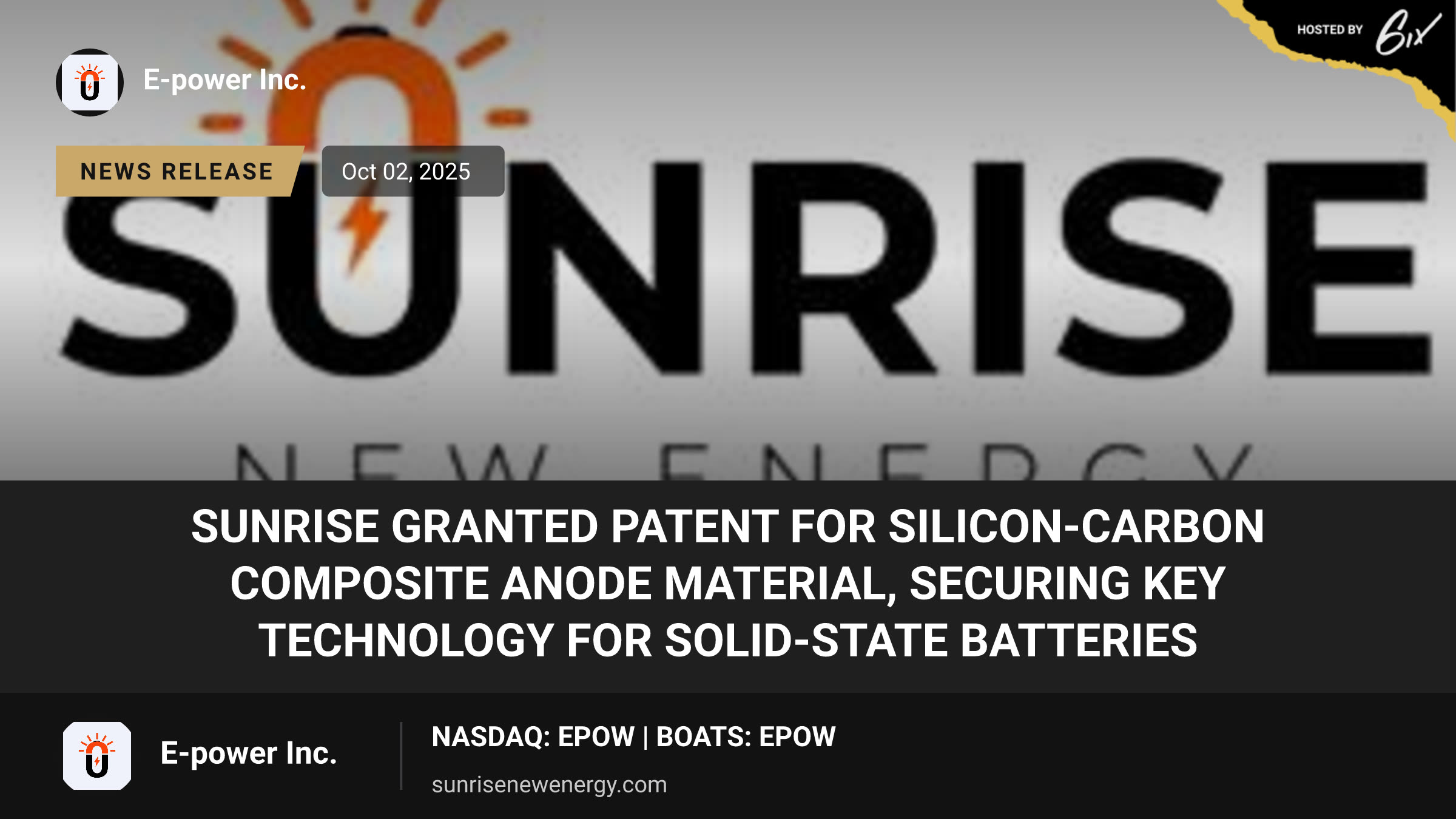 Sunrise Granted Patent for Silicon-Carbon Composite Anode Material, Securing Key Technology for Solid-State Batteries