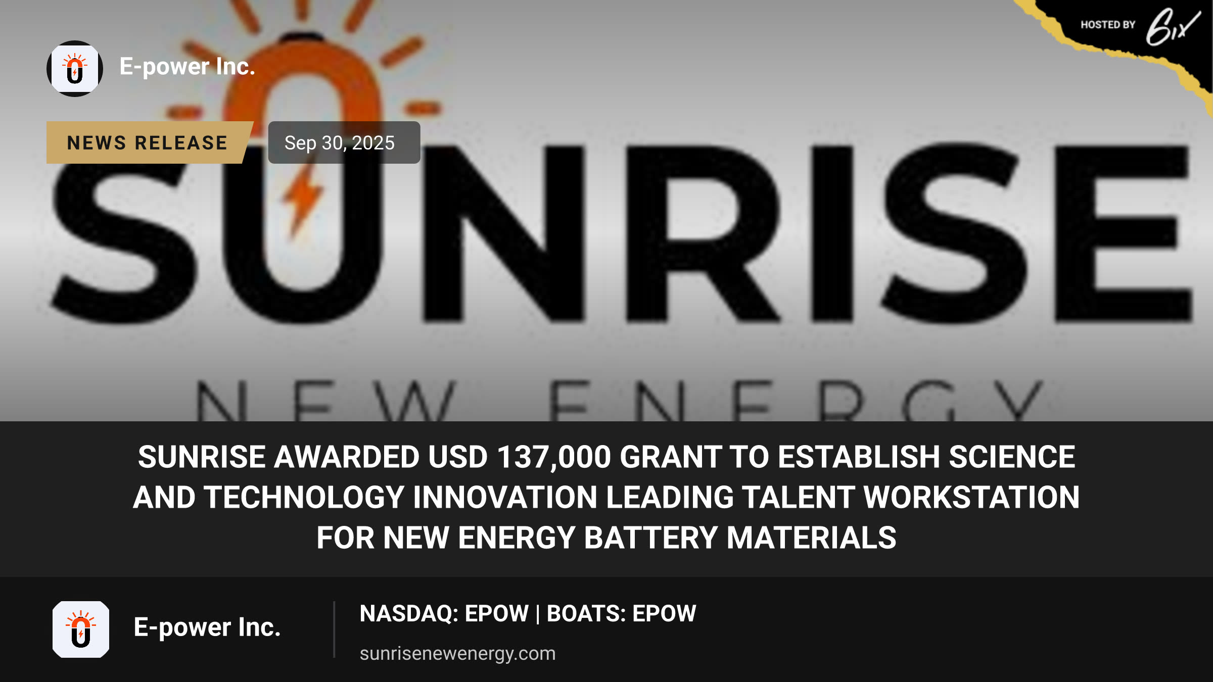 Sunrise Awarded USD 137,000 Grant to Establish Science and Technology Innovation Leading Talent Workstation for New Energy Battery Materials