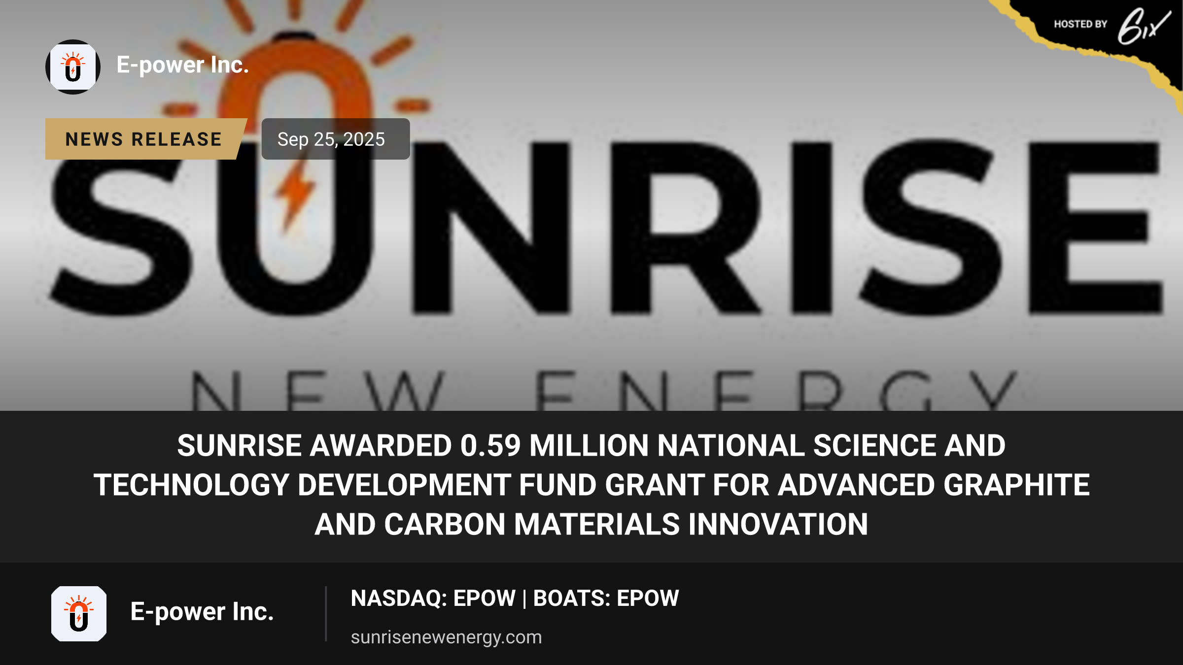 Sunrise Awarded 0.59 Million National Science and Technology Development Fund Grant for Advanced Graphite and Carbon Materials Innovation