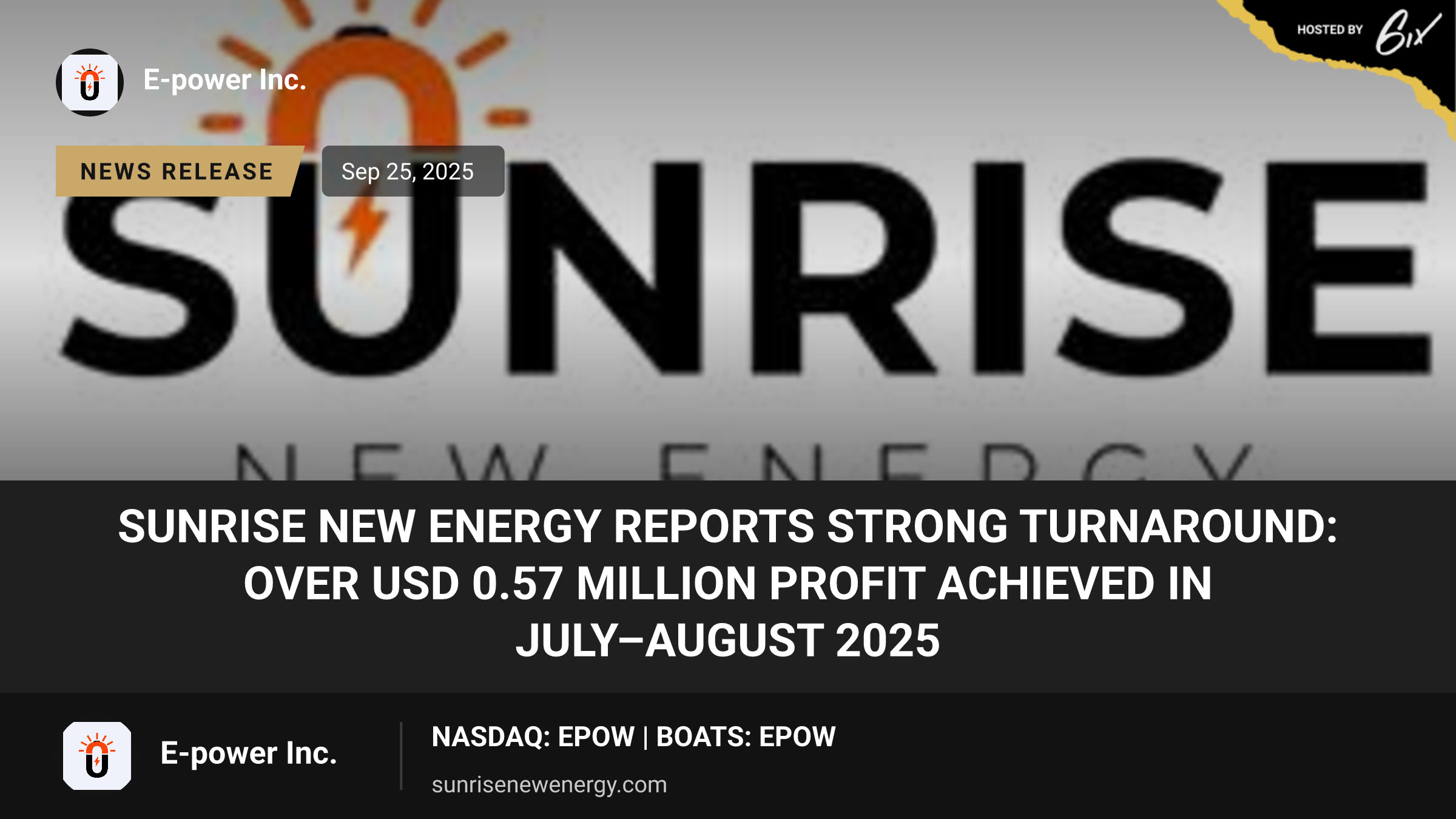 Sunrise New Energy Reports Strong Turnaround: Over USD 0.57 Million Profit Achieved in July–August 2025