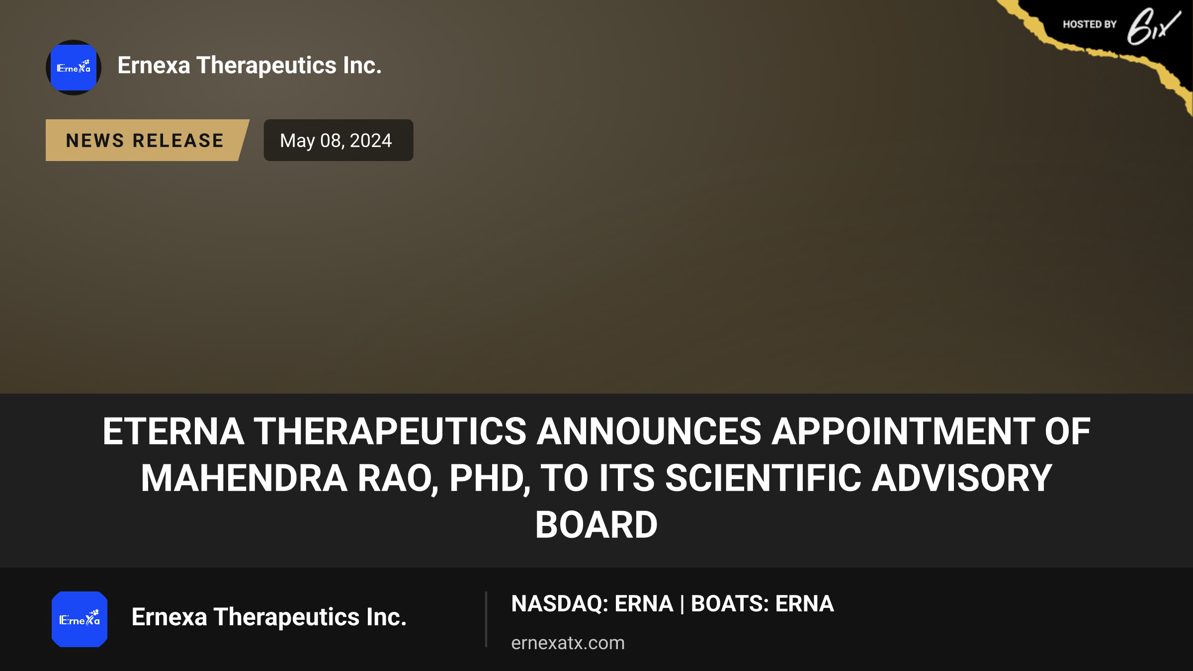 Eterna Therapeutics Announces Appointment of Mahendra Rao, PhD, to its Scientific Advisory Board