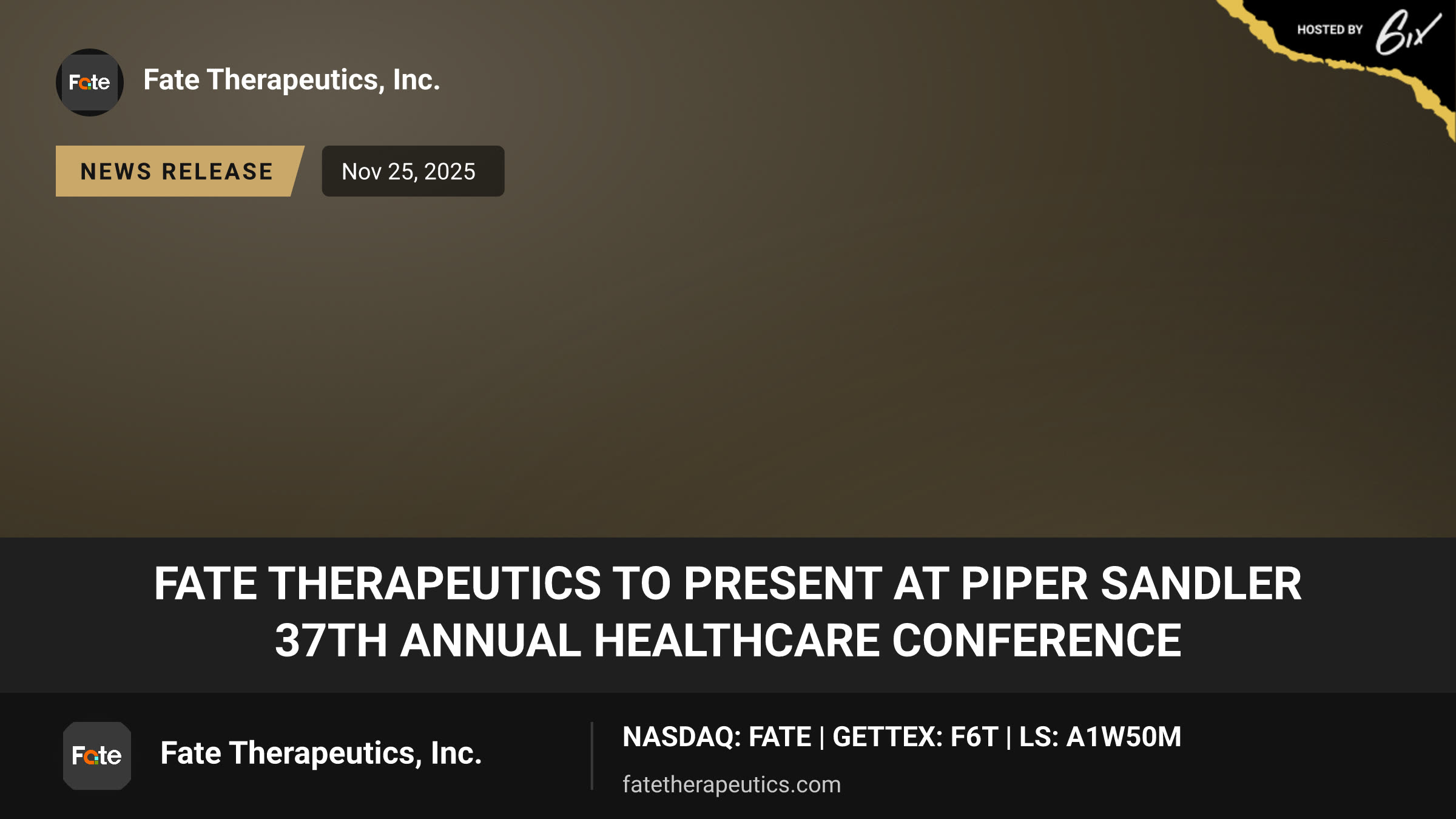 Fate Therapeutics to Present at Piper Sandler 37th Annual Healthcare Conference