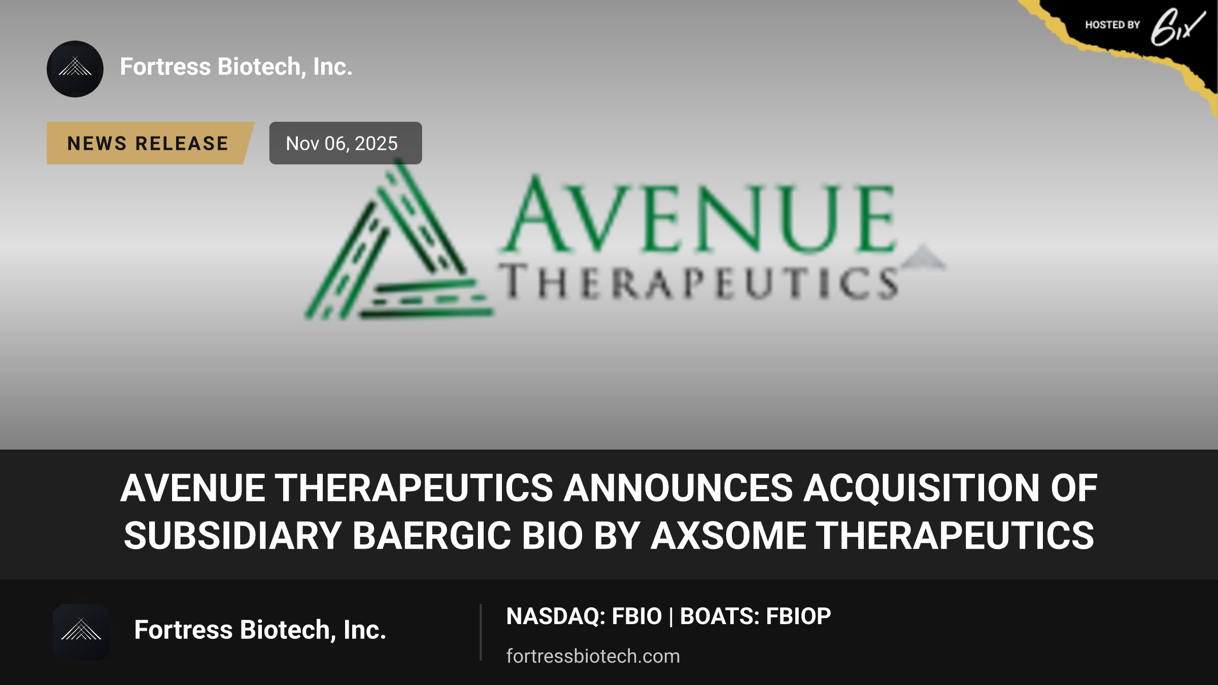 Avenue Therapeutics Announces Acquisition of Subsidiary Baergic Bio by Axsome Therapeutics