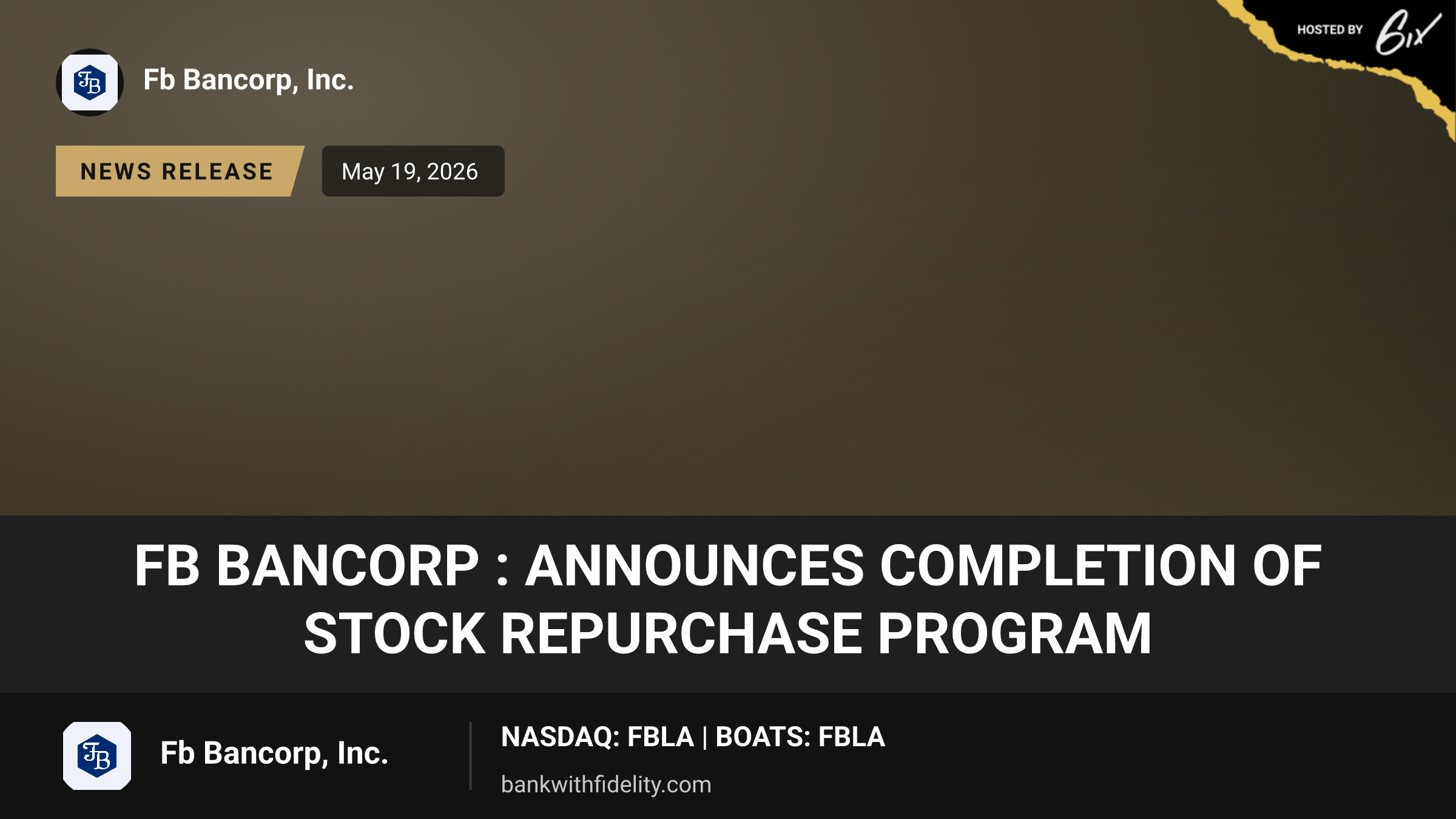 FB Bancorp : Announces Completion of Stock Repurchase Program