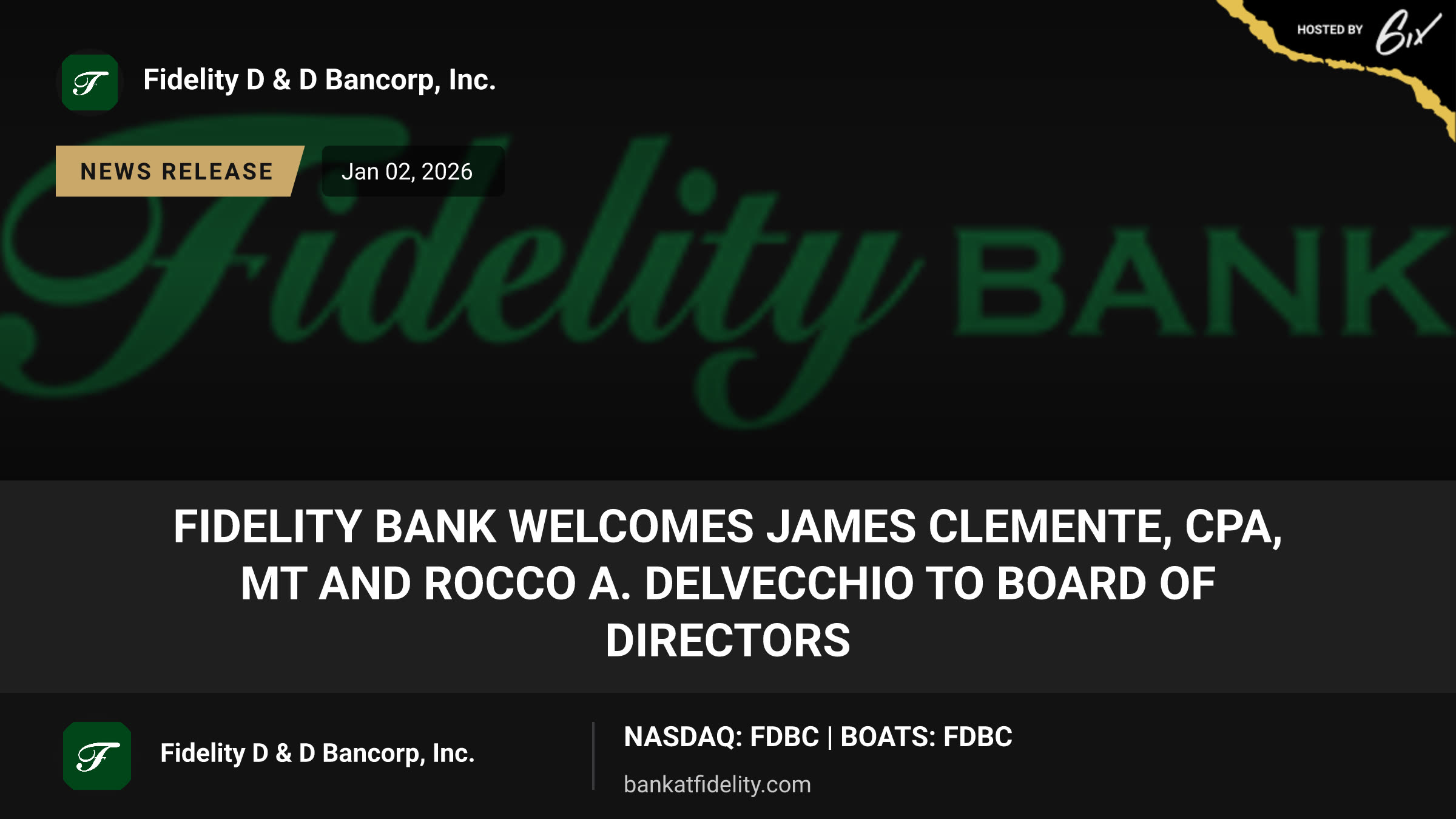Fidelity Bank Welcomes James Clemente, CPA, MT and Rocco A. DelVecchio to Board of Directors