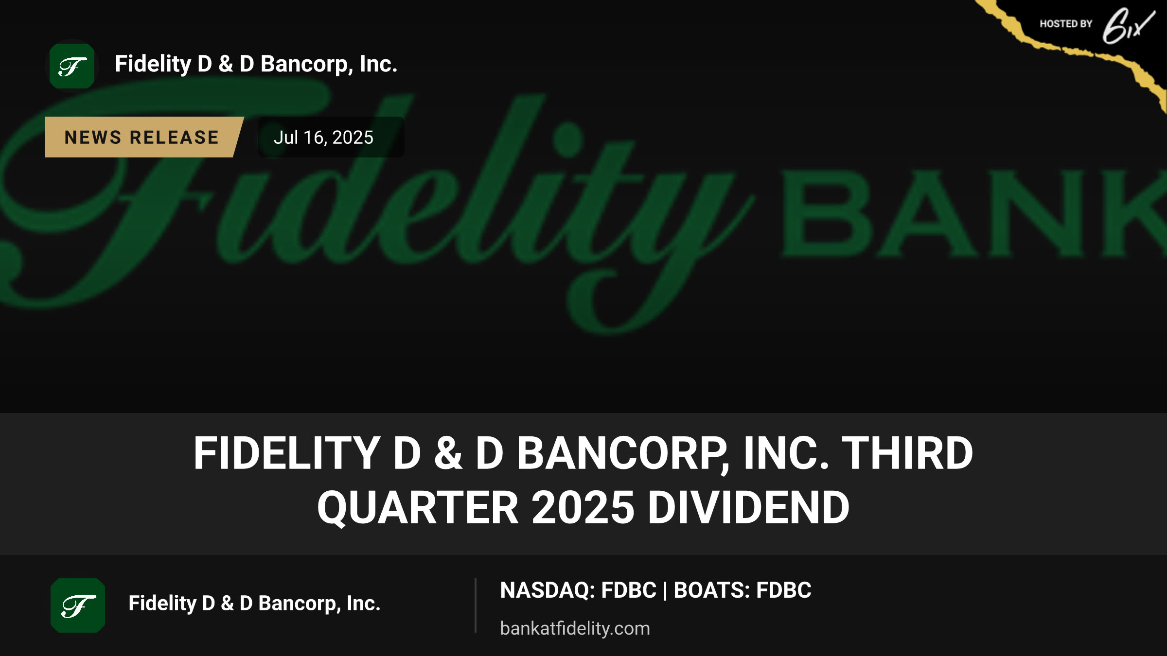 Fidelity D & D Bancorp, Inc. Third Quarter 2025 Dividend