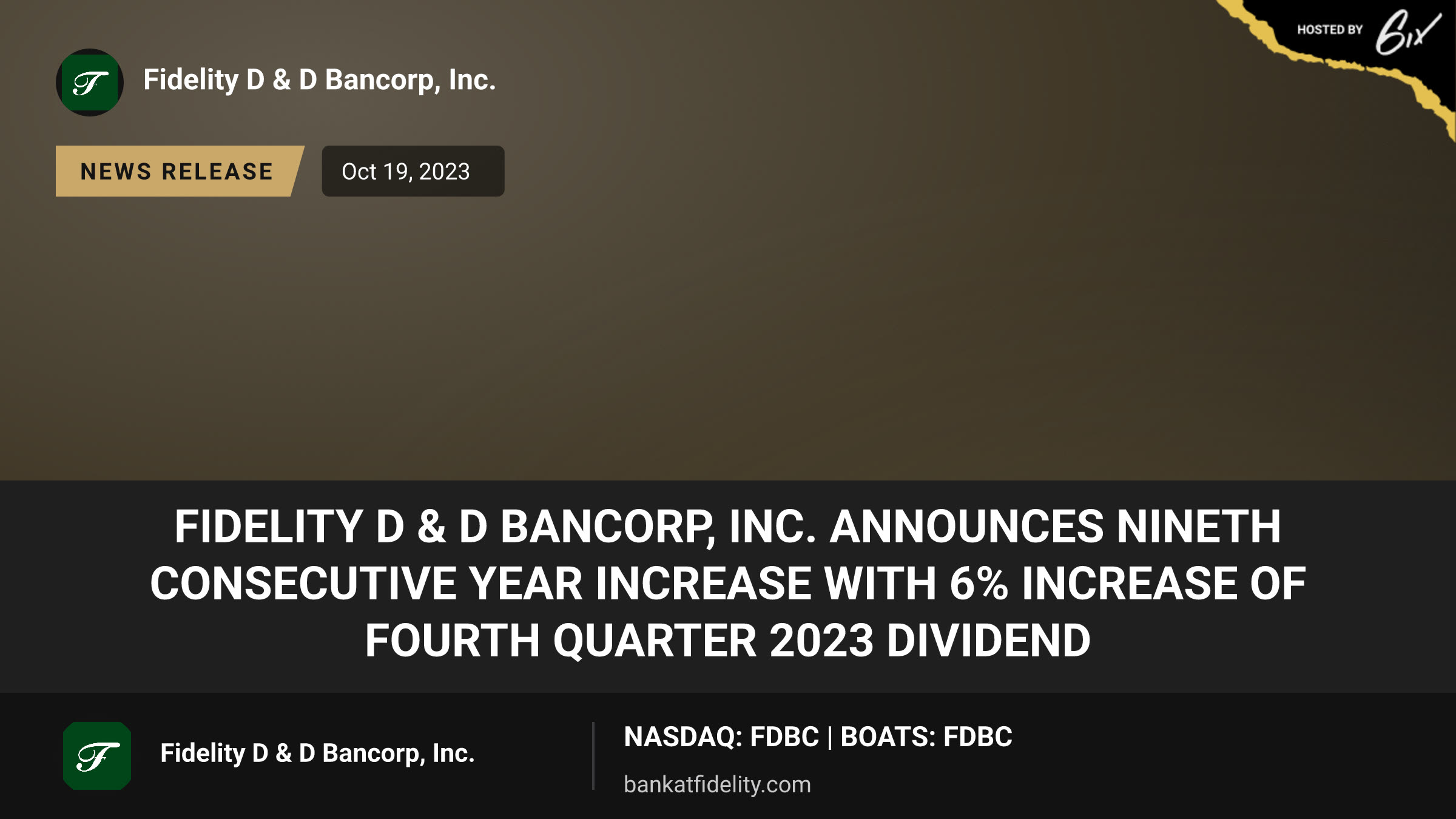 Fidelity D & D Bancorp, Inc. Announces Nineth Consecutive Year Increase with 6% Increase of Fourth Quarter 2023 Dividend