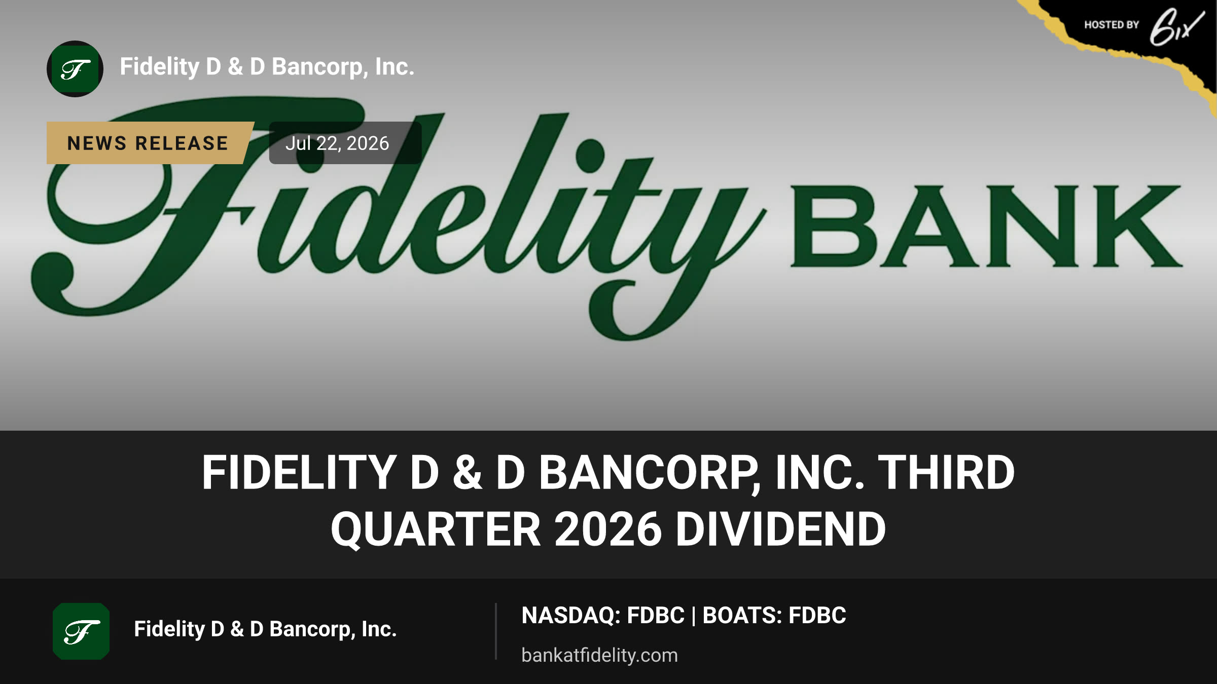 Fidelity D & D Bancorp, Inc. Third Quarter 2026 Dividend