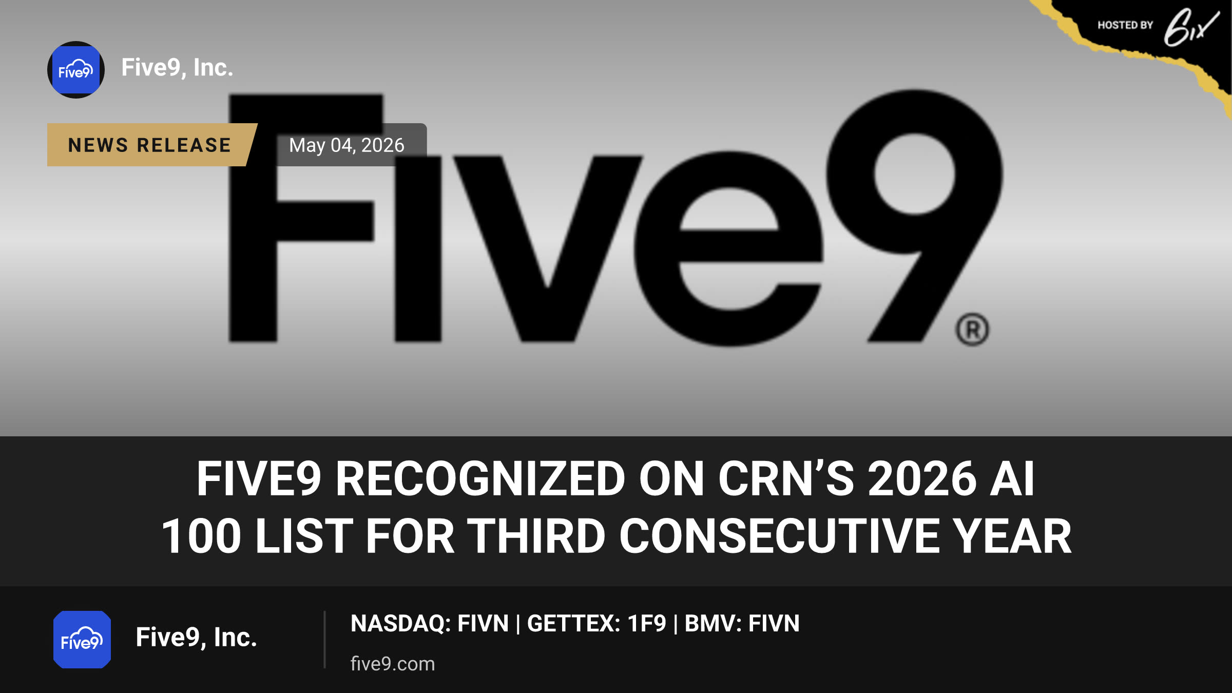 Five9 Recognized on CRN’s 2026 AI 100 List for Third Consecutive Year