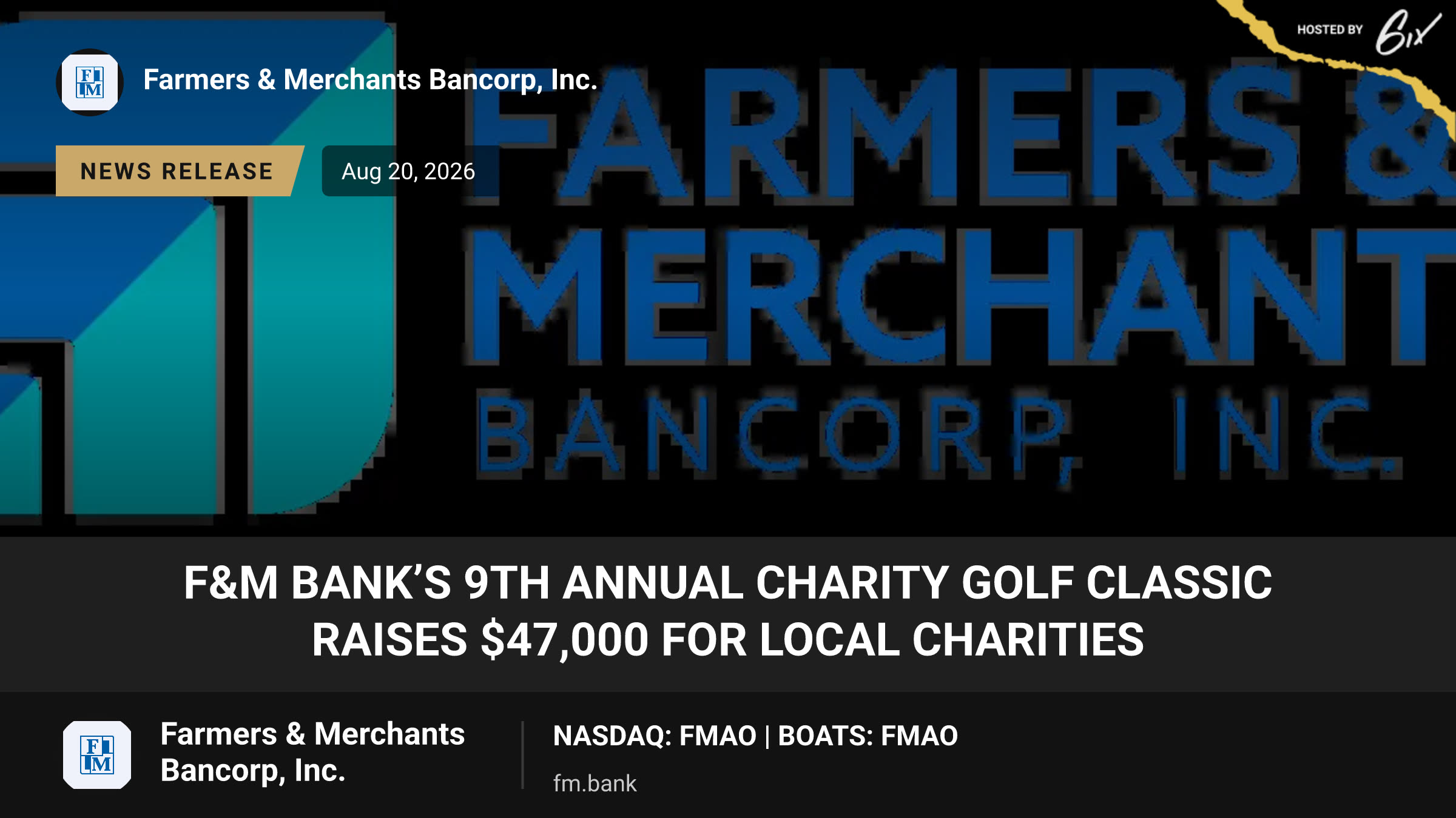 F&M Bank’s 9th Annual Charity Golf Classic Raises $47,000 for Local Charities