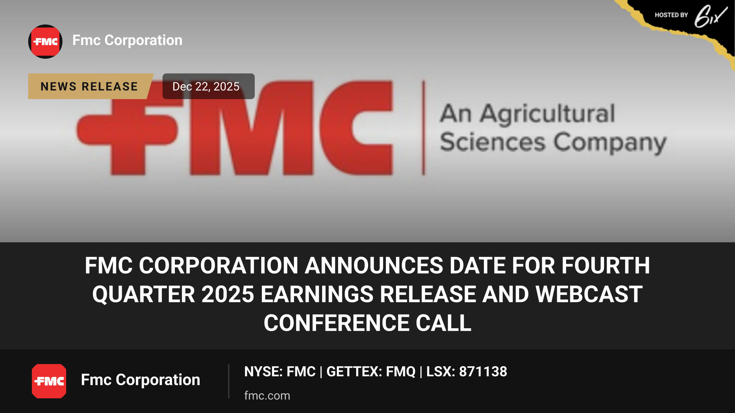 FMC Corporation announces date for fourth quarter 2025 earnings release and webcast conference call