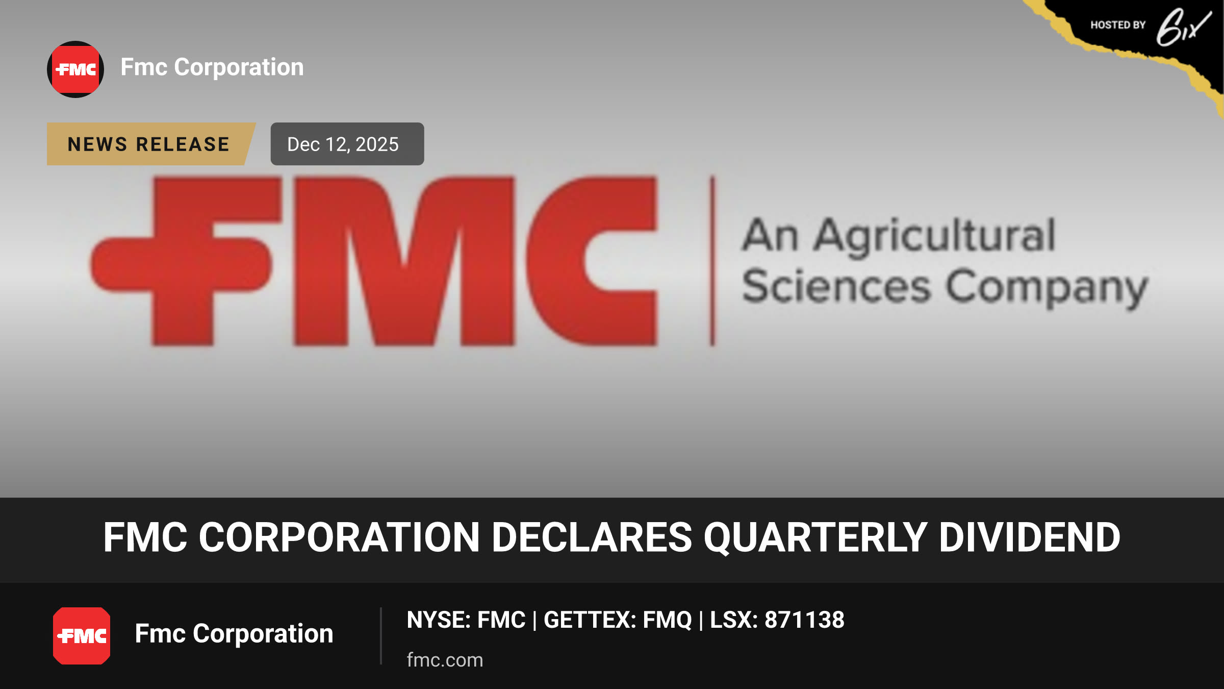 FMC Corporation Declares Quarterly Dividend