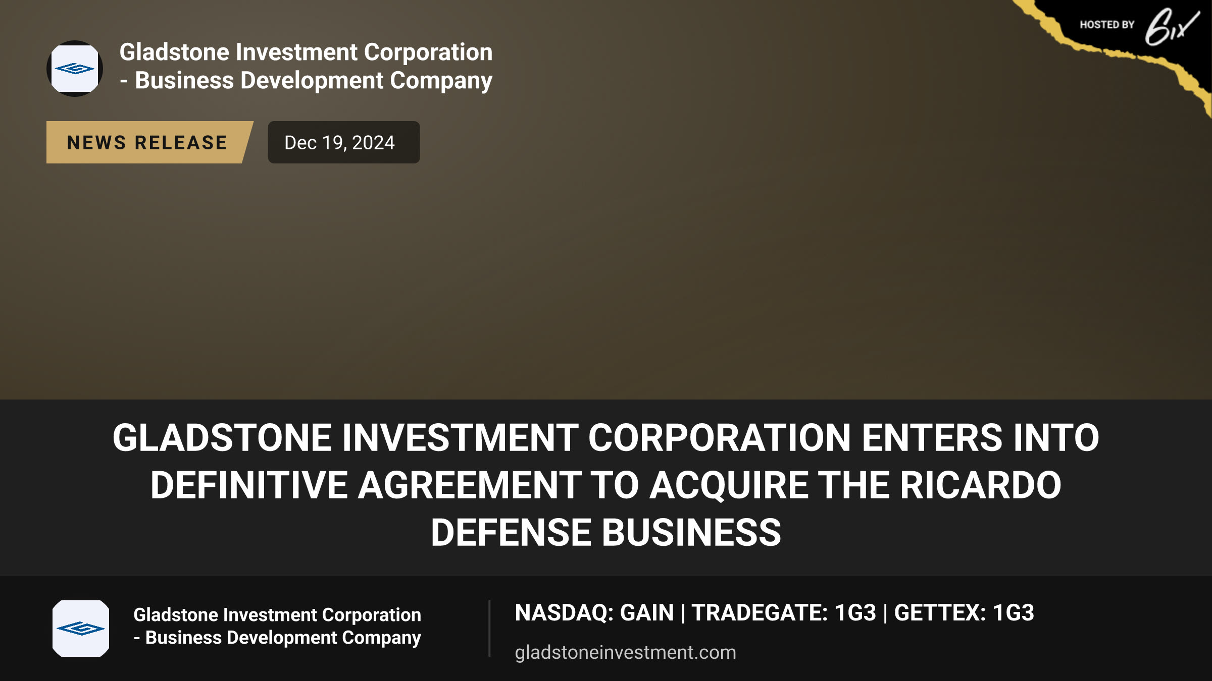 Gladstone Investment Corporation Enters Into Definitive Agreement to Acquire the Ricardo Defense Business