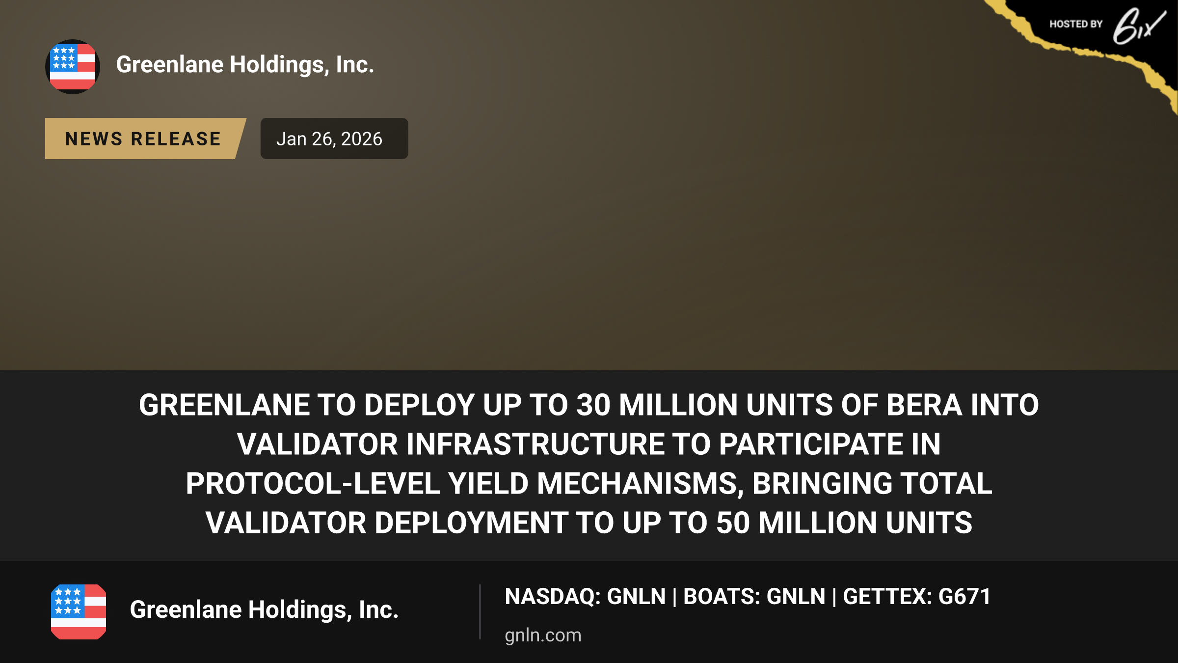 Greenlane to Deploy up to 30 Million Units of BERA Into Validator Infrastructure to Participate in Protocol-Level Yield Mechanisms, Bringing Total Validator Deployment to up to 50 Million Units