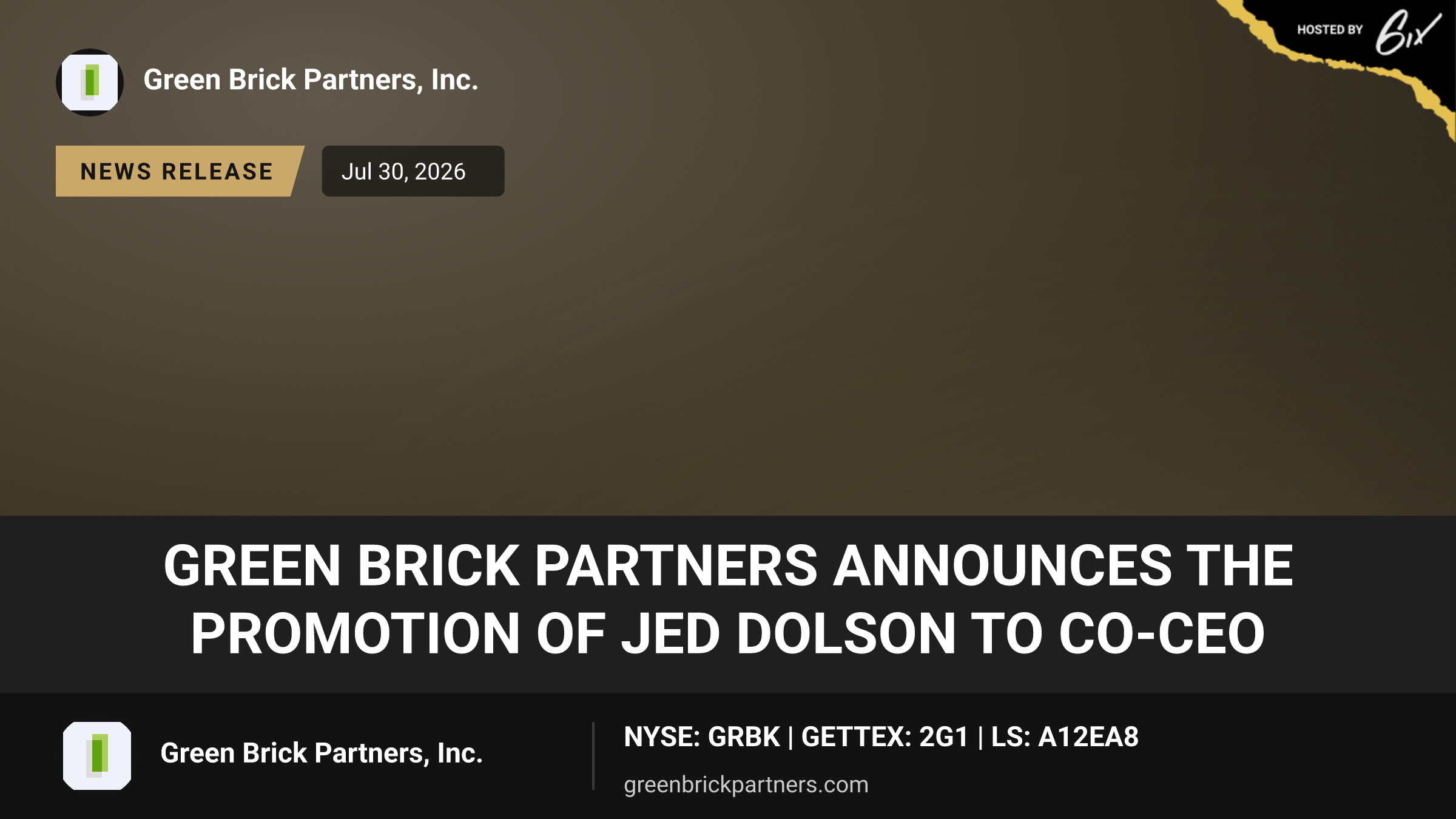 Green Brick Partners Announces the Promotion of Jed Dolson to Co-CEO