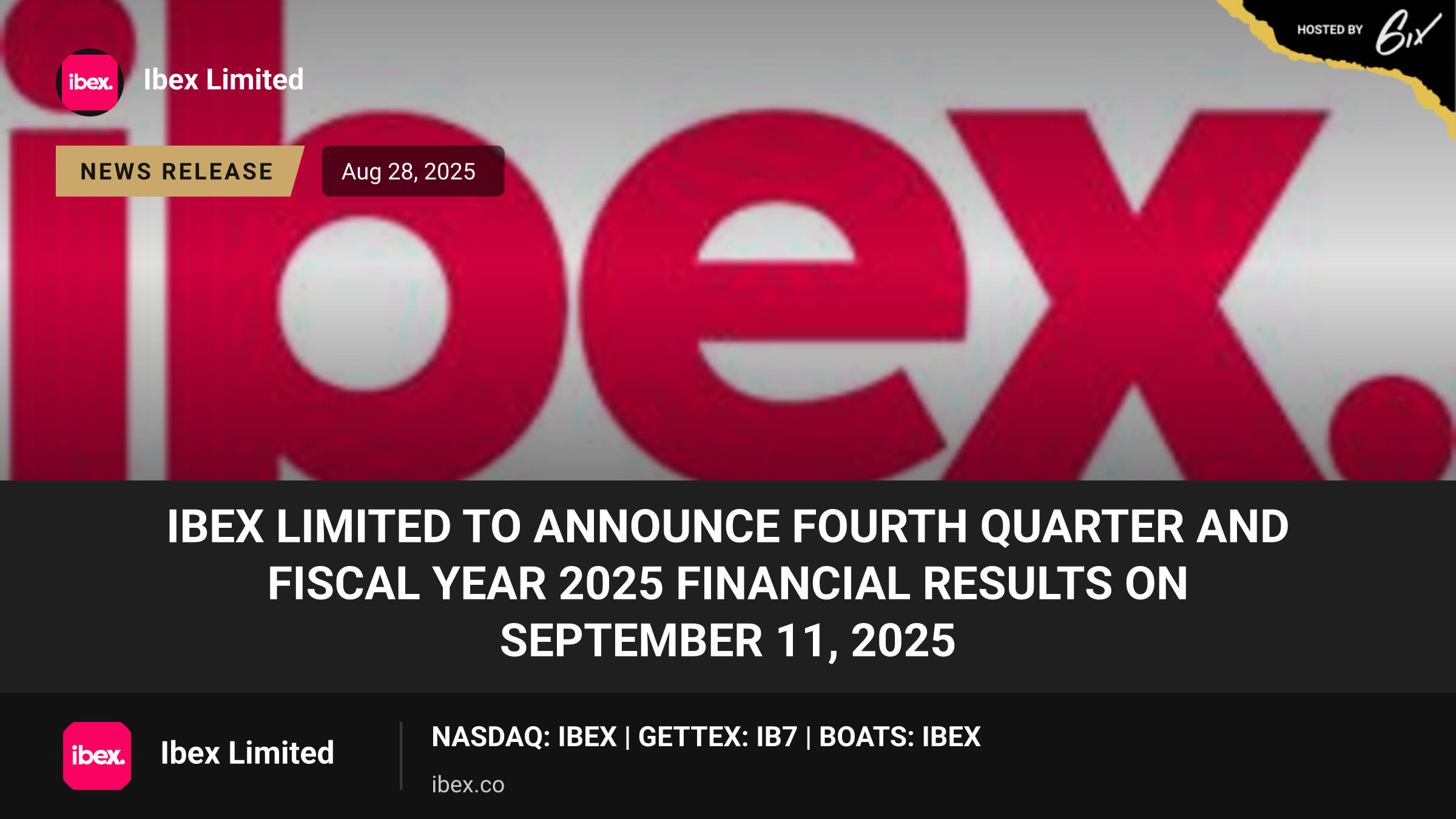 IBEX Limited to Announce Fourth Quarter and Fiscal Year 2025 Financial Results on September 11, 2025