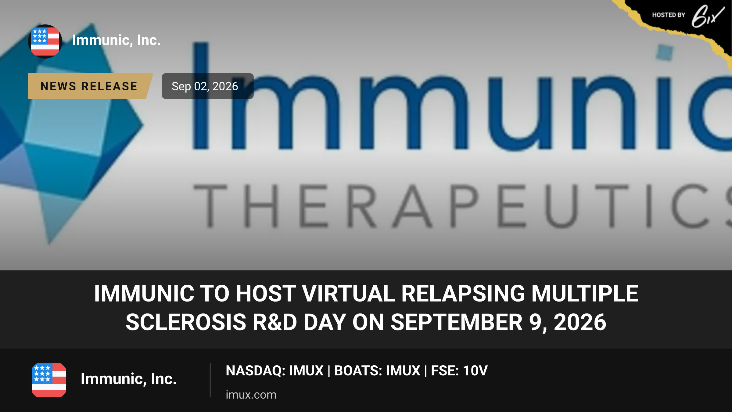 Immunic to Host Virtual Relapsing Multiple Sclerosis R&D Day on September 9, 2026