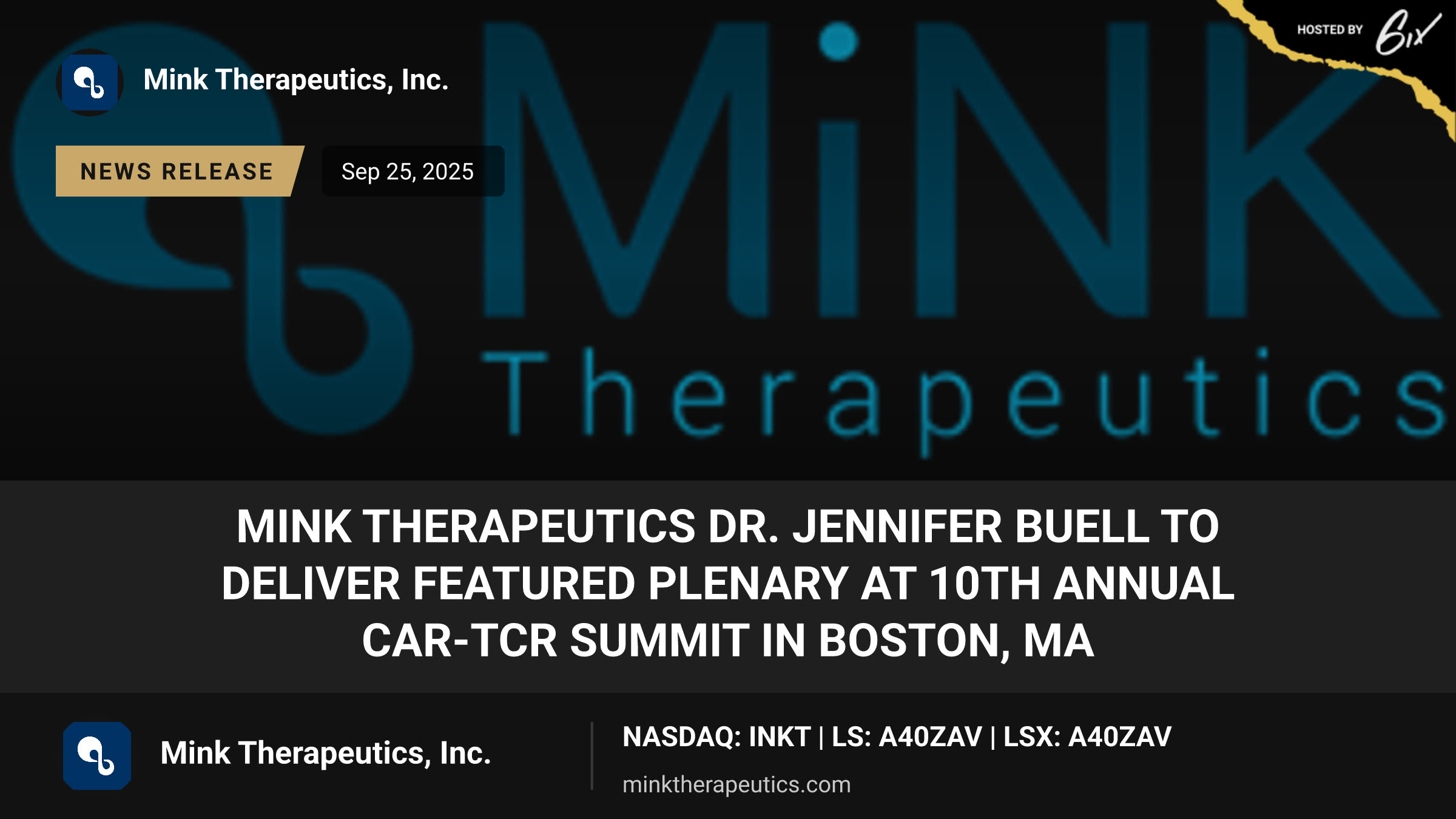 MiNK Therapeutics Dr. Jennifer Buell to Deliver Featured Plenary at 10th Annual CAR-TCR Summit in Boston, MA