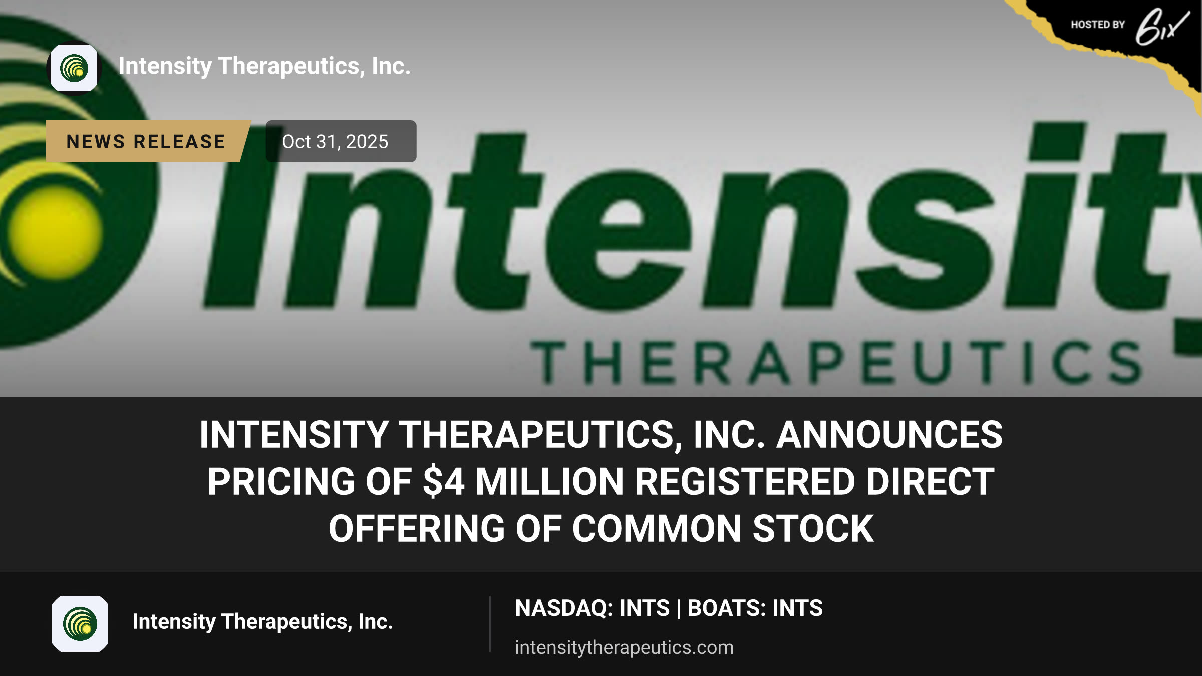 Intensity Therapeutics, Inc. Announces Pricing of $4 Million Registered Direct Offering of Common Stock