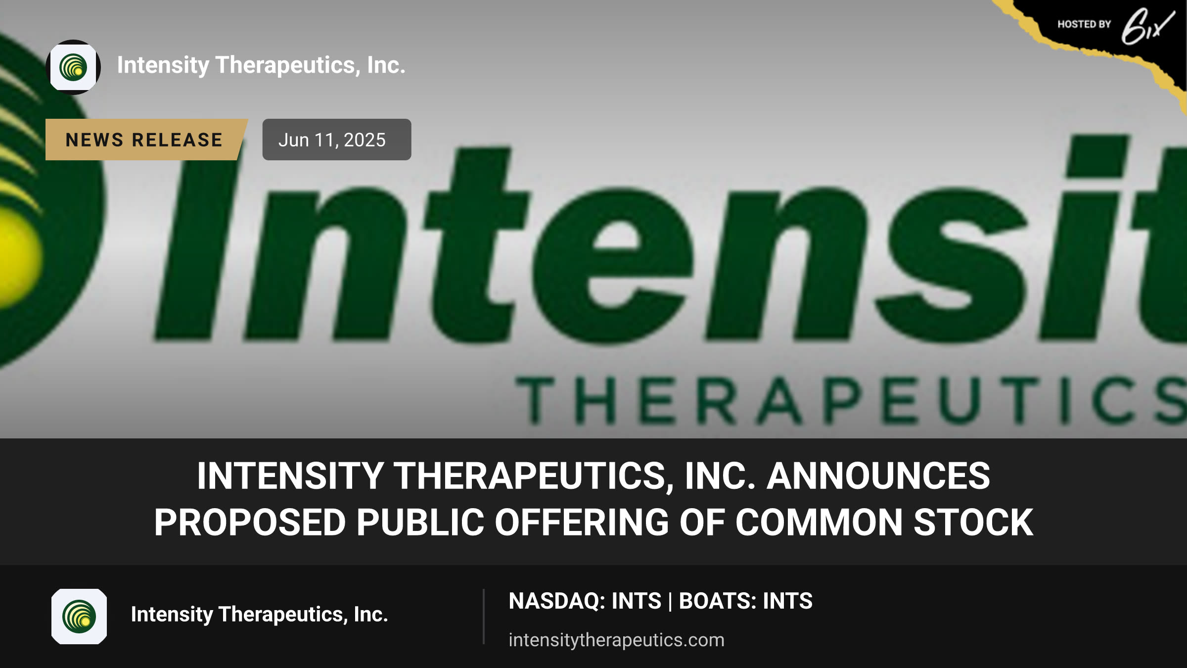 Intensity Therapeutics, Inc. Announces Proposed Public Offering of Common Stock