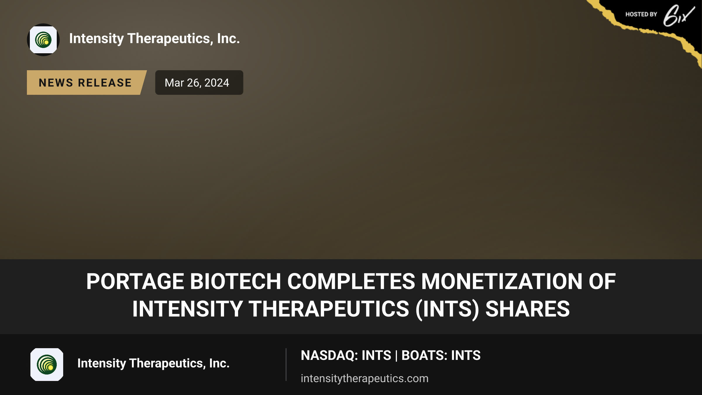 Portage Biotech Completes Monetization of Intensity Therapeutics (INTS) shares