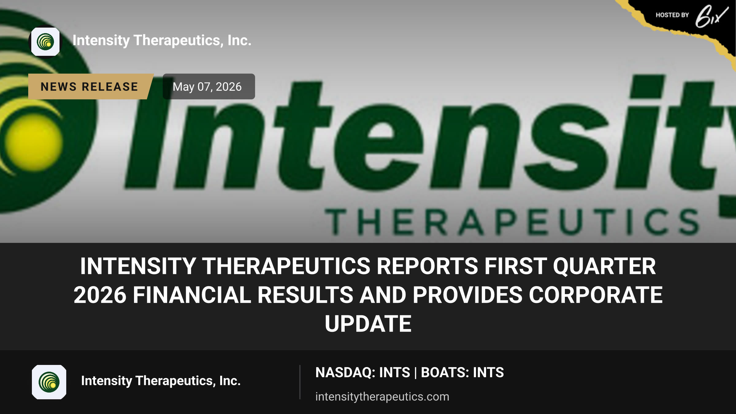 Intensity Therapeutics Reports First Quarter 2026 Financial Results and Provides Corporate Update