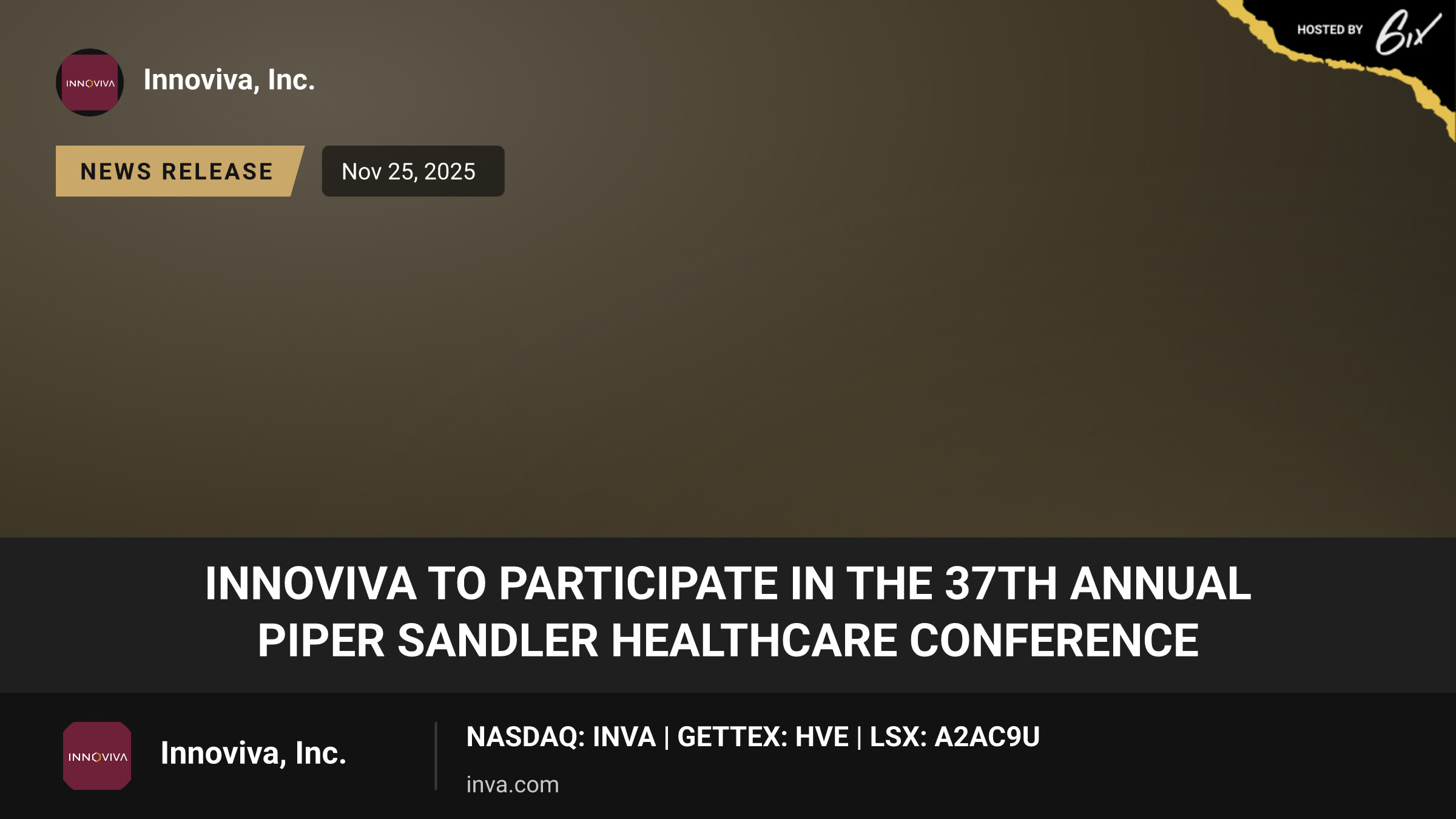 Innoviva to Participate in the 37th Annual Piper Sandler Healthcare Conference