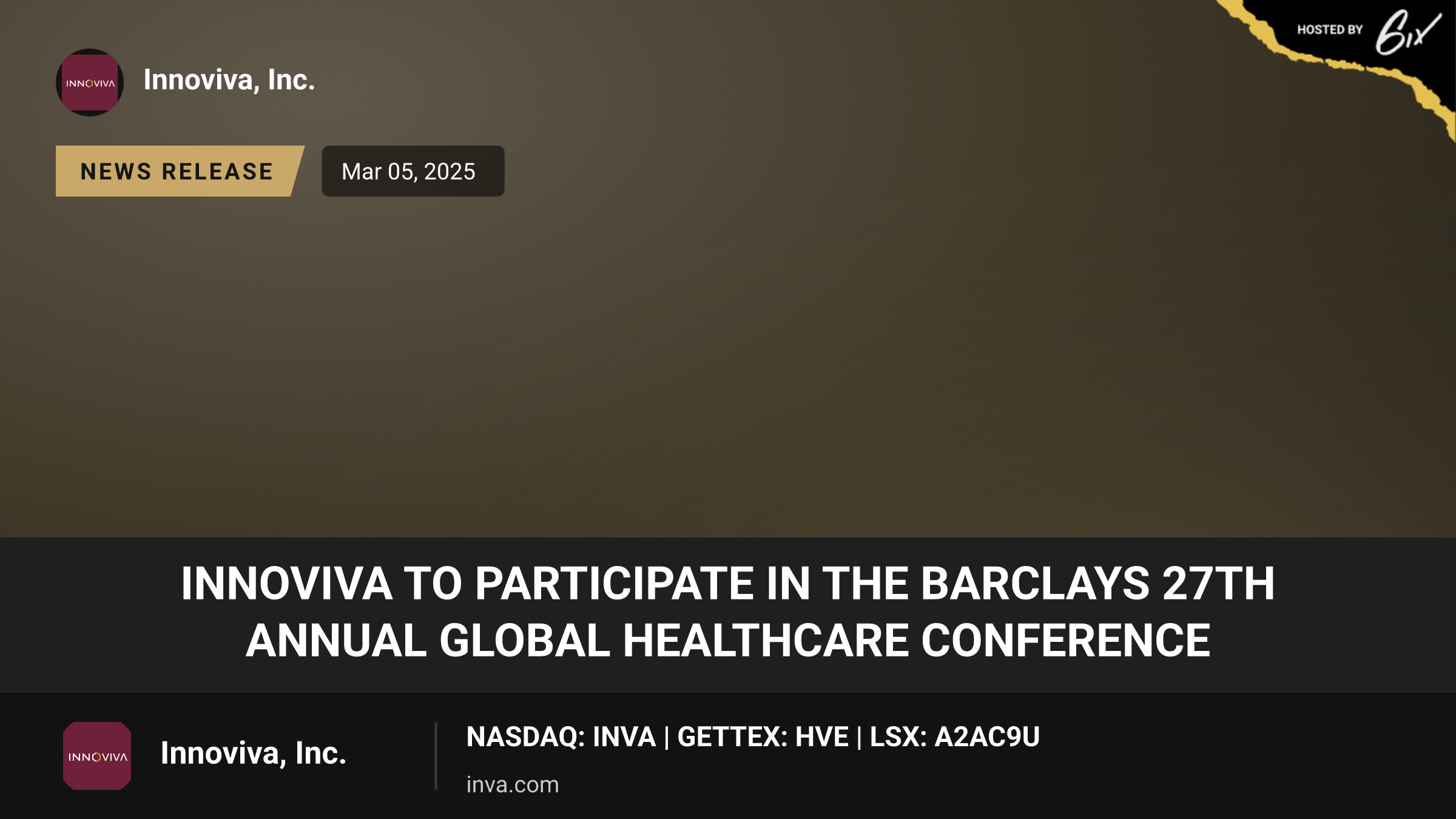 Innoviva to Participate in the Barclays 27th Annual Global Healthcare Conference