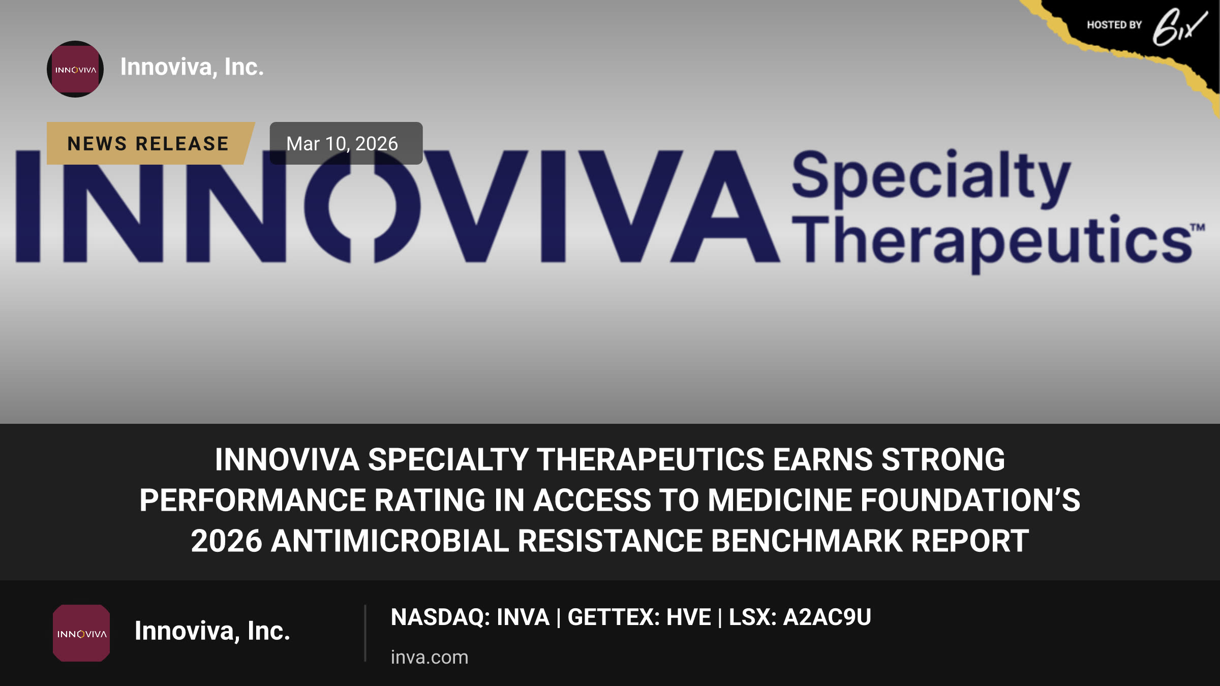 Innoviva Specialty Therapeutics Earns Strong Performance Rating in Access to Medicine Foundation’s 2026 Antimicrobial Resistance Benchmark Report
