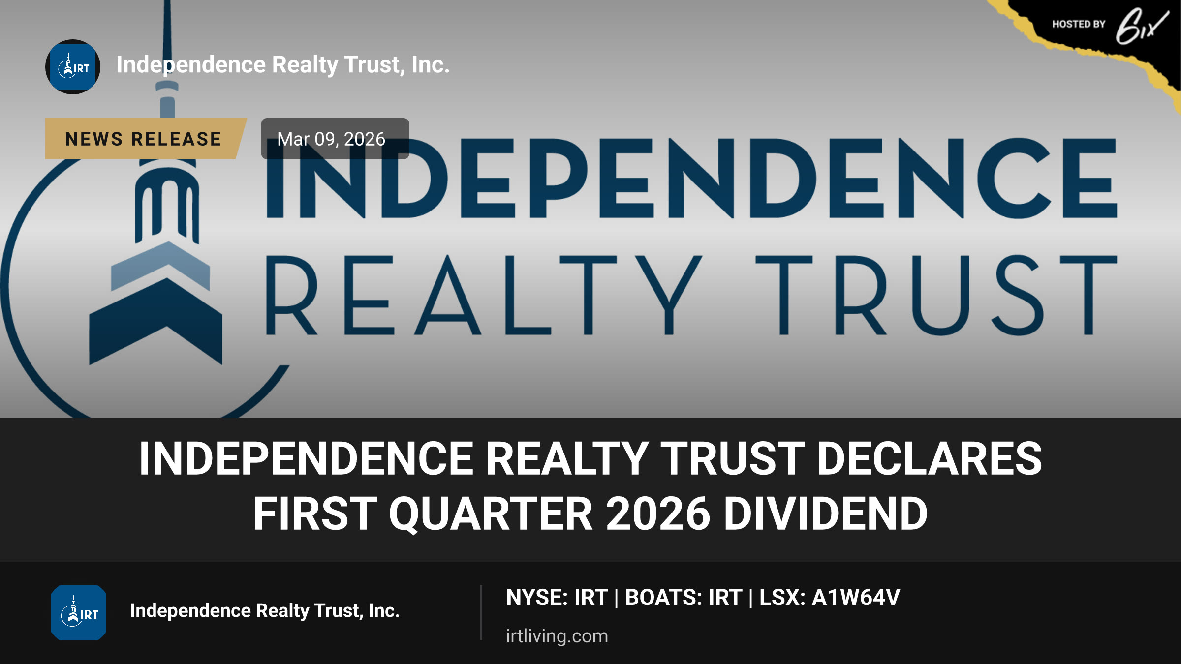Independence Realty Trust Declares First Quarter 2026 Dividend