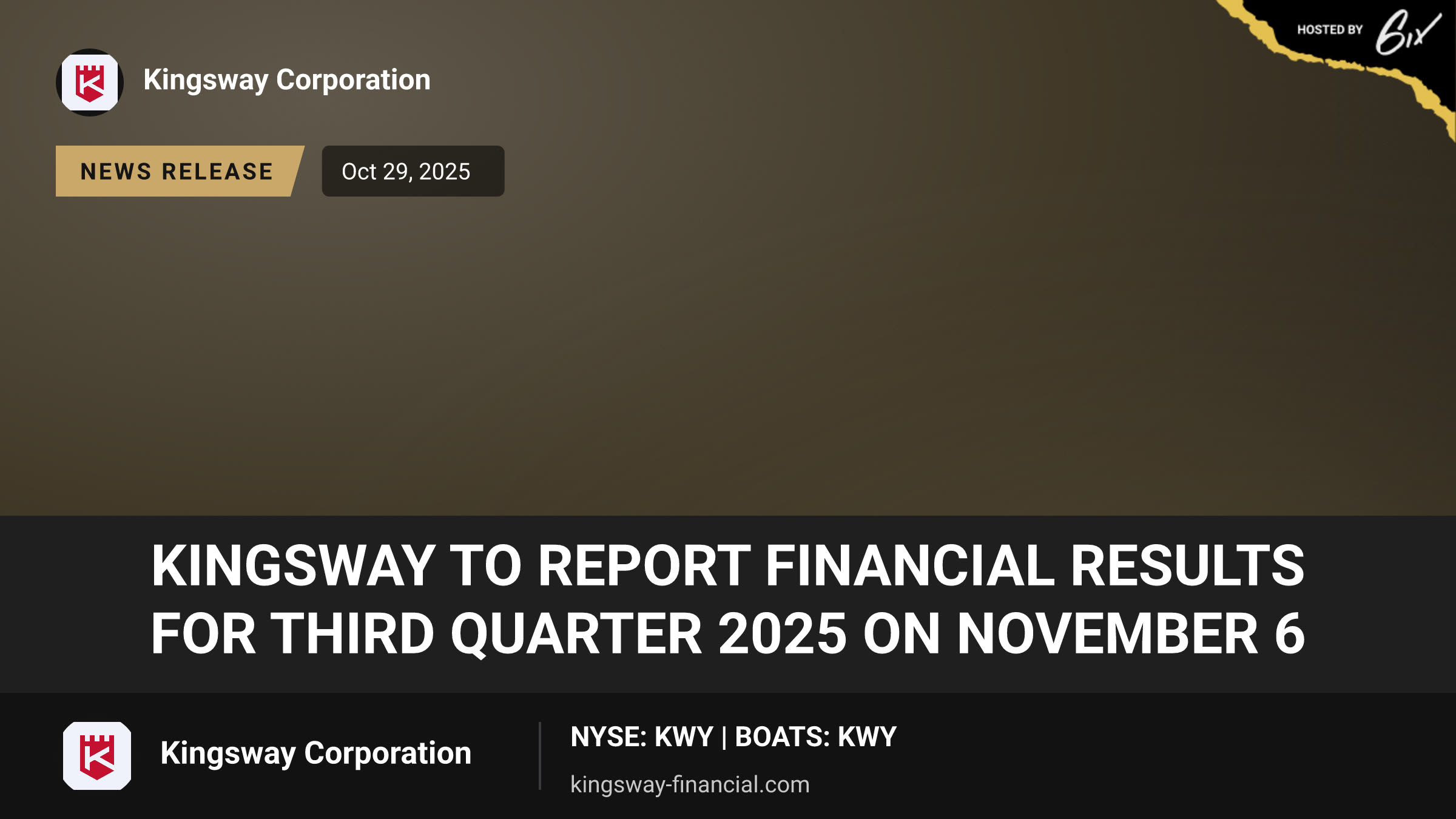 Kingsway to Report Financial Results for Third Quarter 2025 on November 6