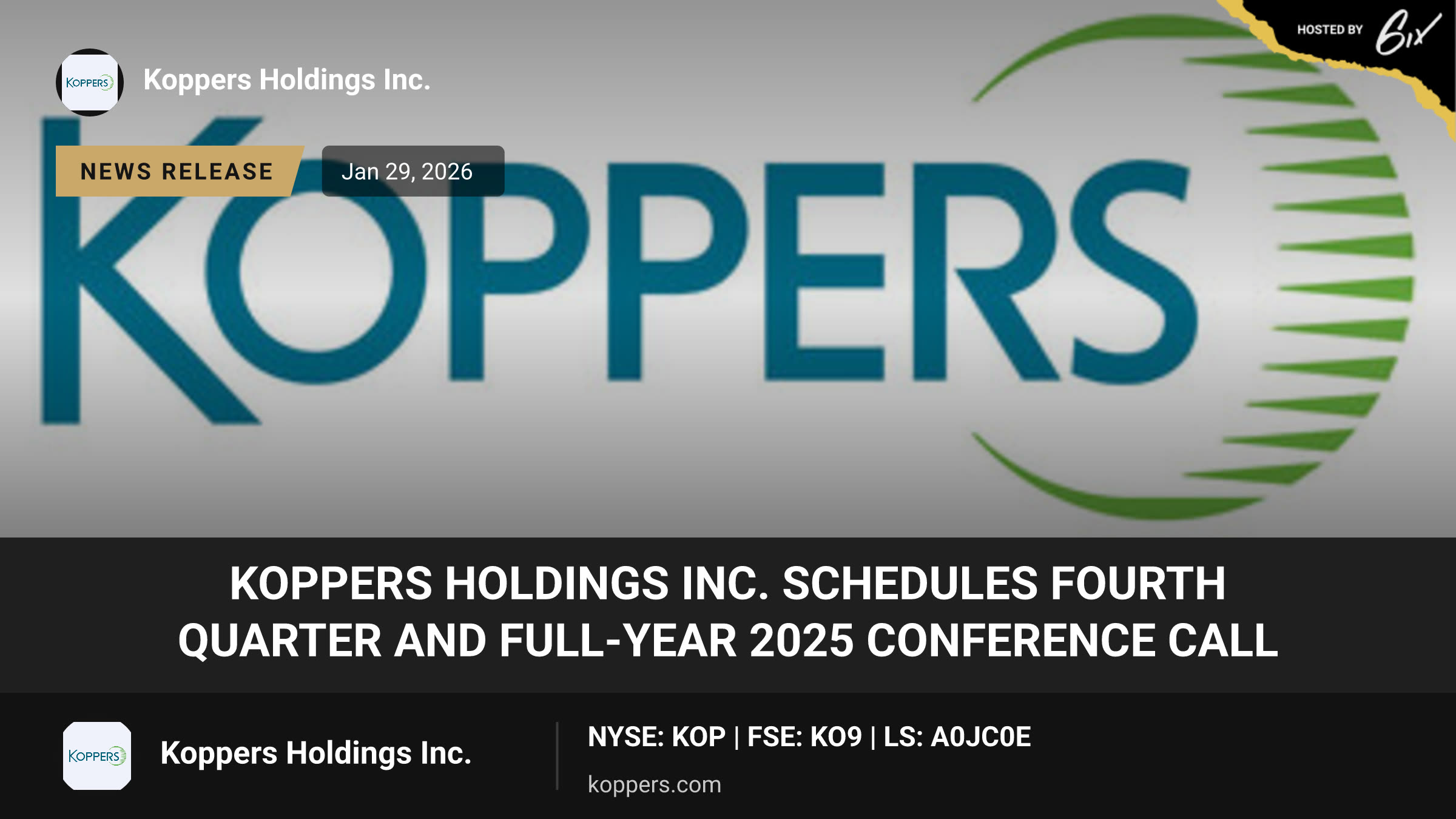 Koppers Holdings Inc. Schedules Fourth Quarter and Full-Year 2025 Conference Call
