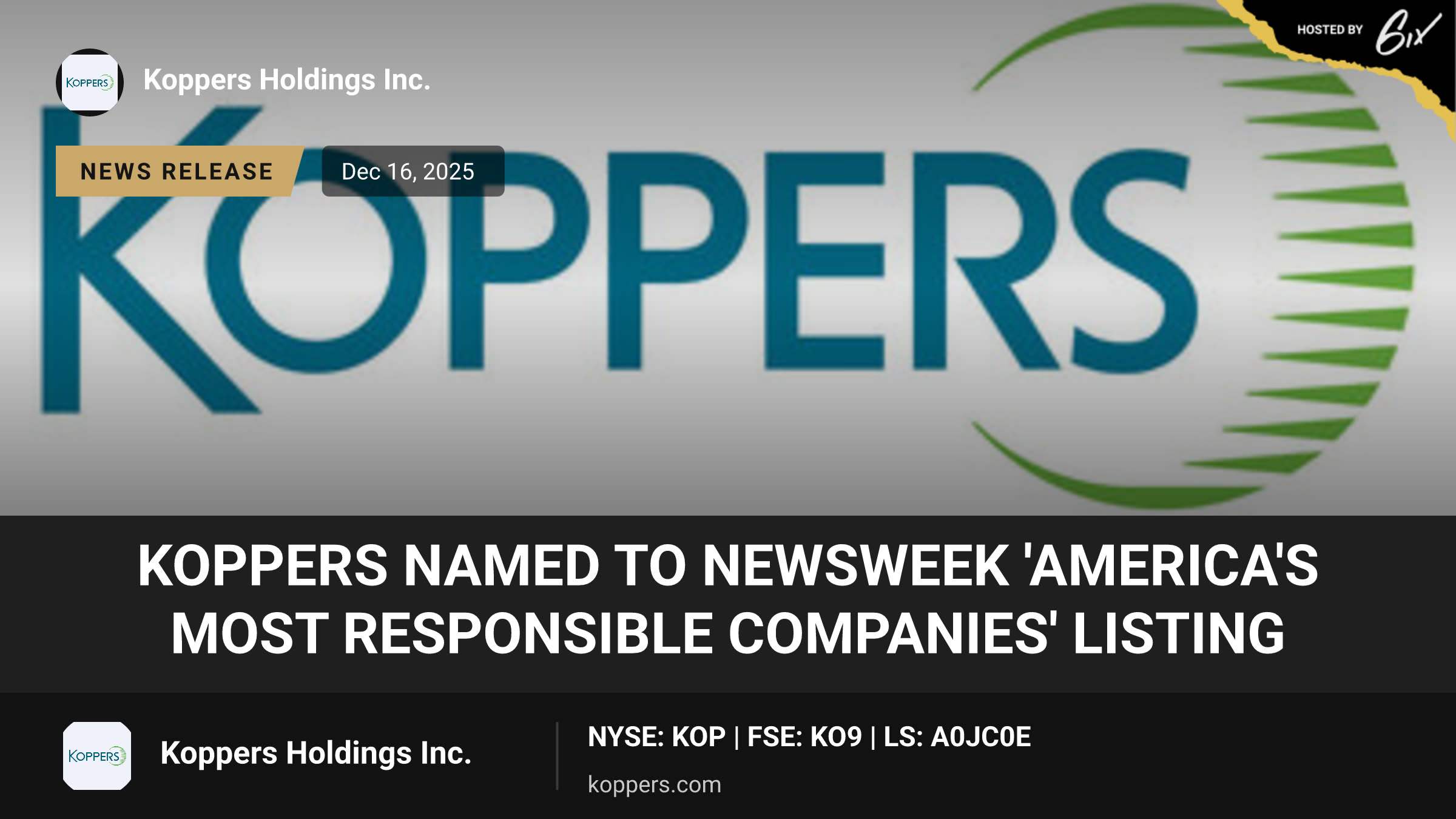 Koppers Named To Newsweek 'America's Most Responsible Companies' Listing