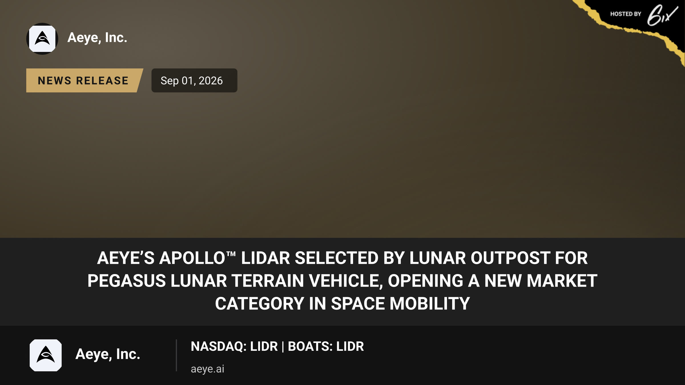 AEye’s Apollo™ Lidar Selected by Lunar Outpost for Pegasus Lunar Terrain Vehicle, Opening a New Market Category in Space Mobility