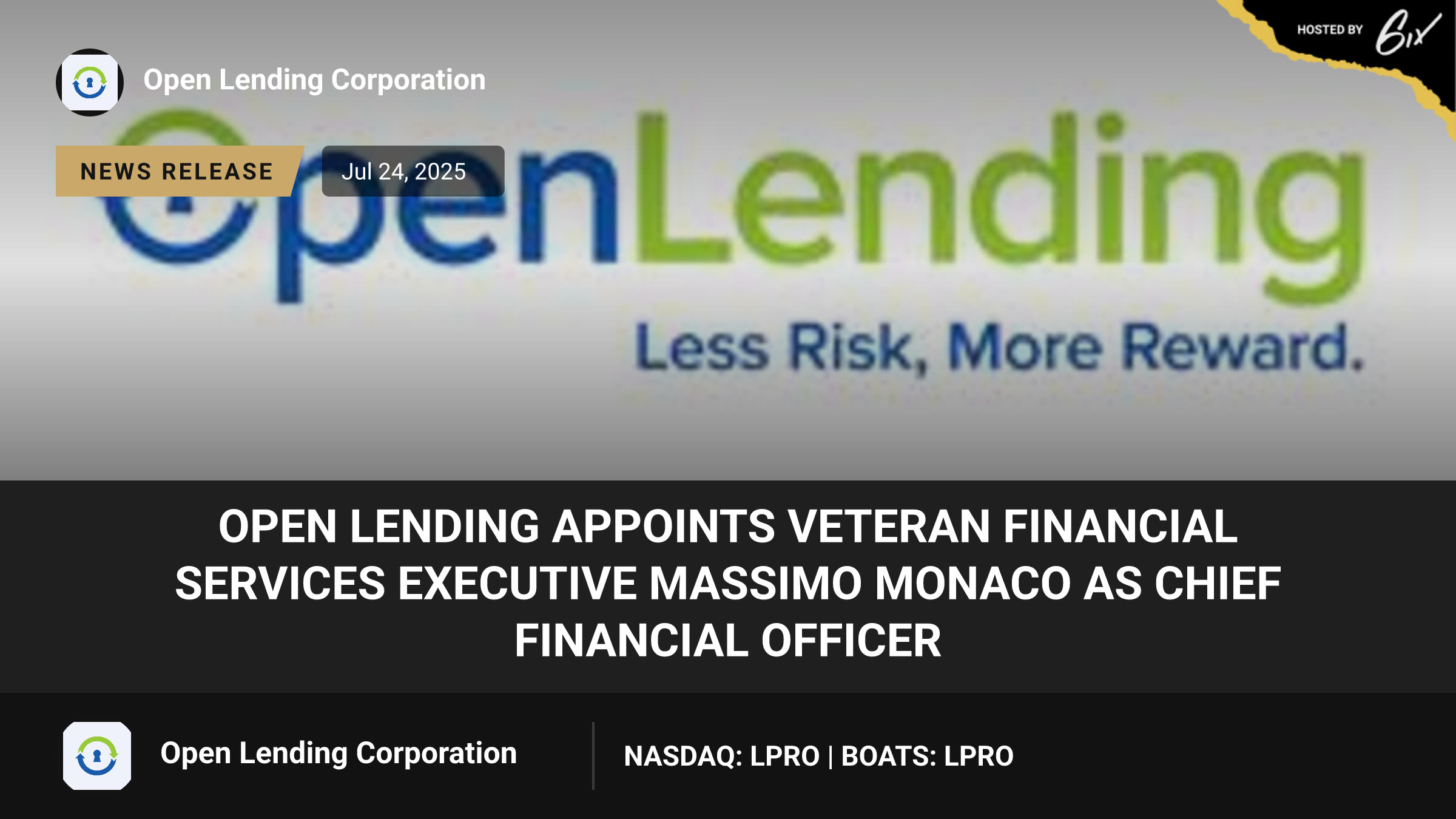 Open Lending Appoints Veteran Financial Services Executive Massimo Monaco as Chief Financial Officer