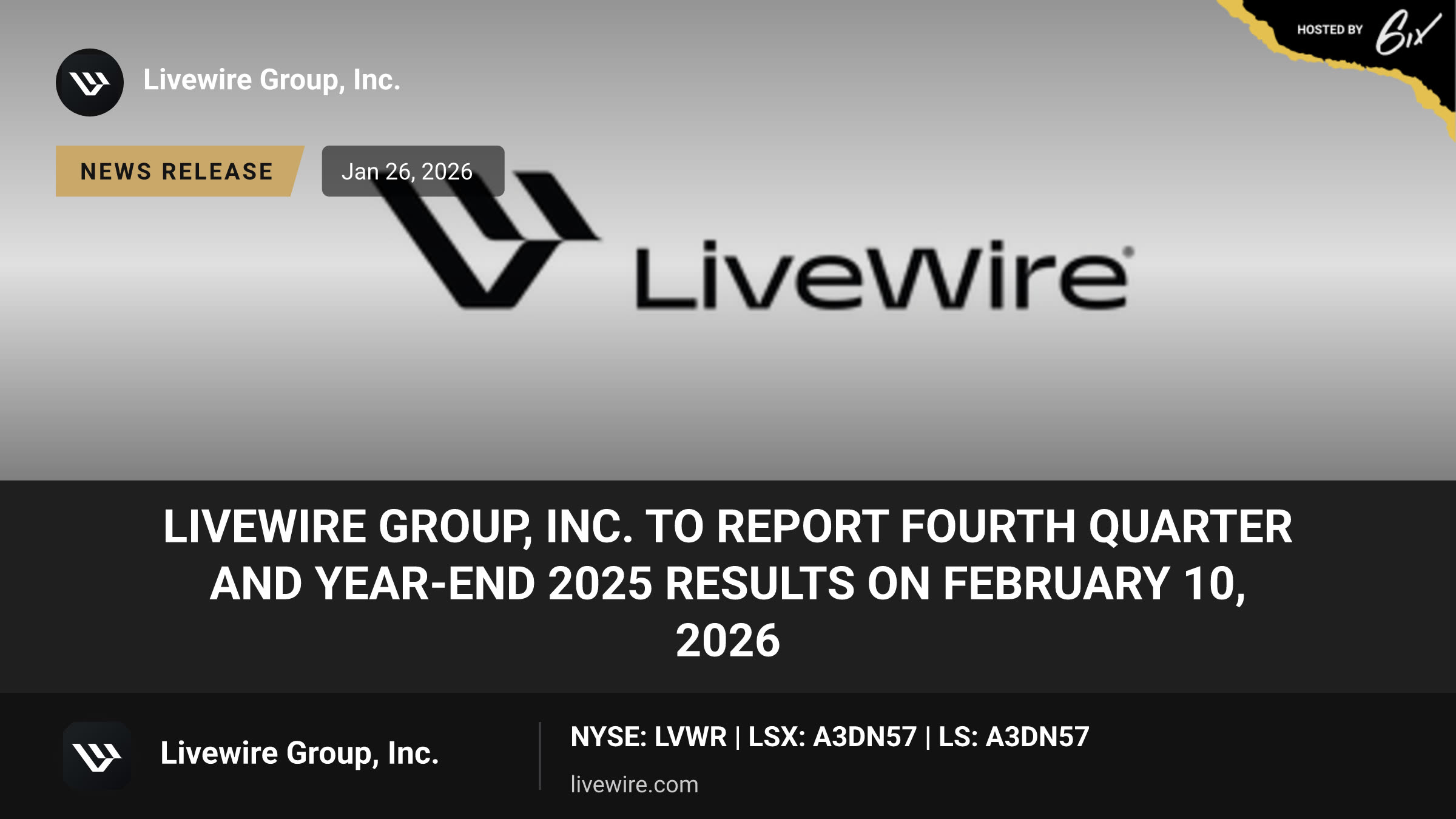 LiveWire Group, Inc. To Report Fourth Quarter and Year-End 2025 Results on February 10, 2026