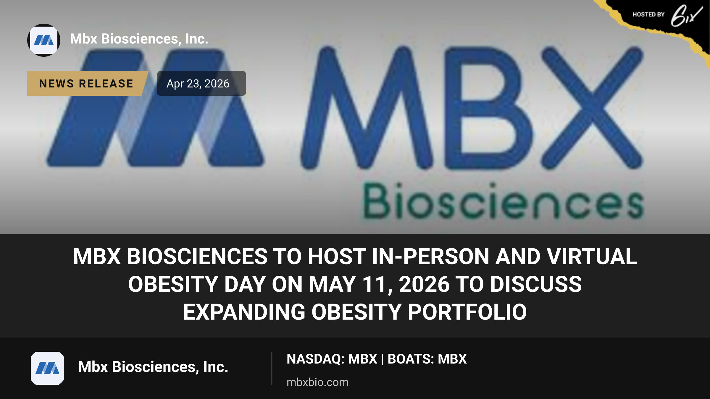 MBX Biosciences to Host In-Person and Virtual Obesity Day on May 11, 2026 to Discuss Expanding Obesity Portfolio