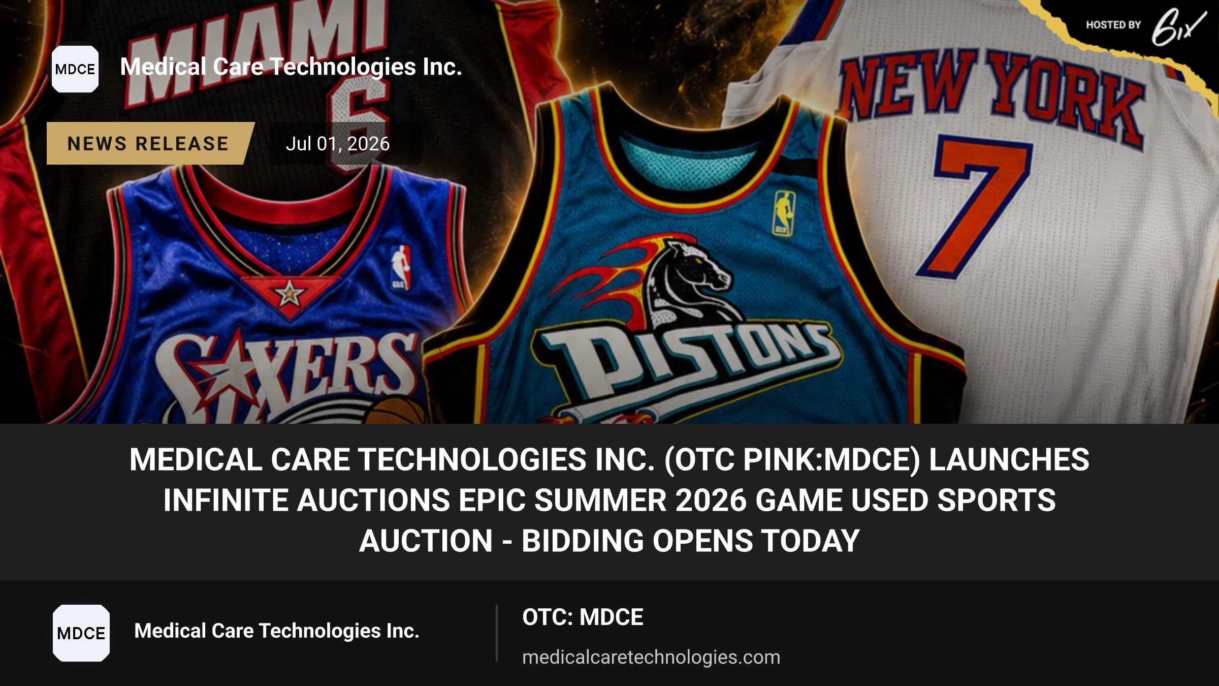 Medical Care Technologies Inc. (OTC Pink:MDCE) Launches Infinite Auctions EPIC Summer 2026 Game Used Sports Auction - Bidding Opens Today