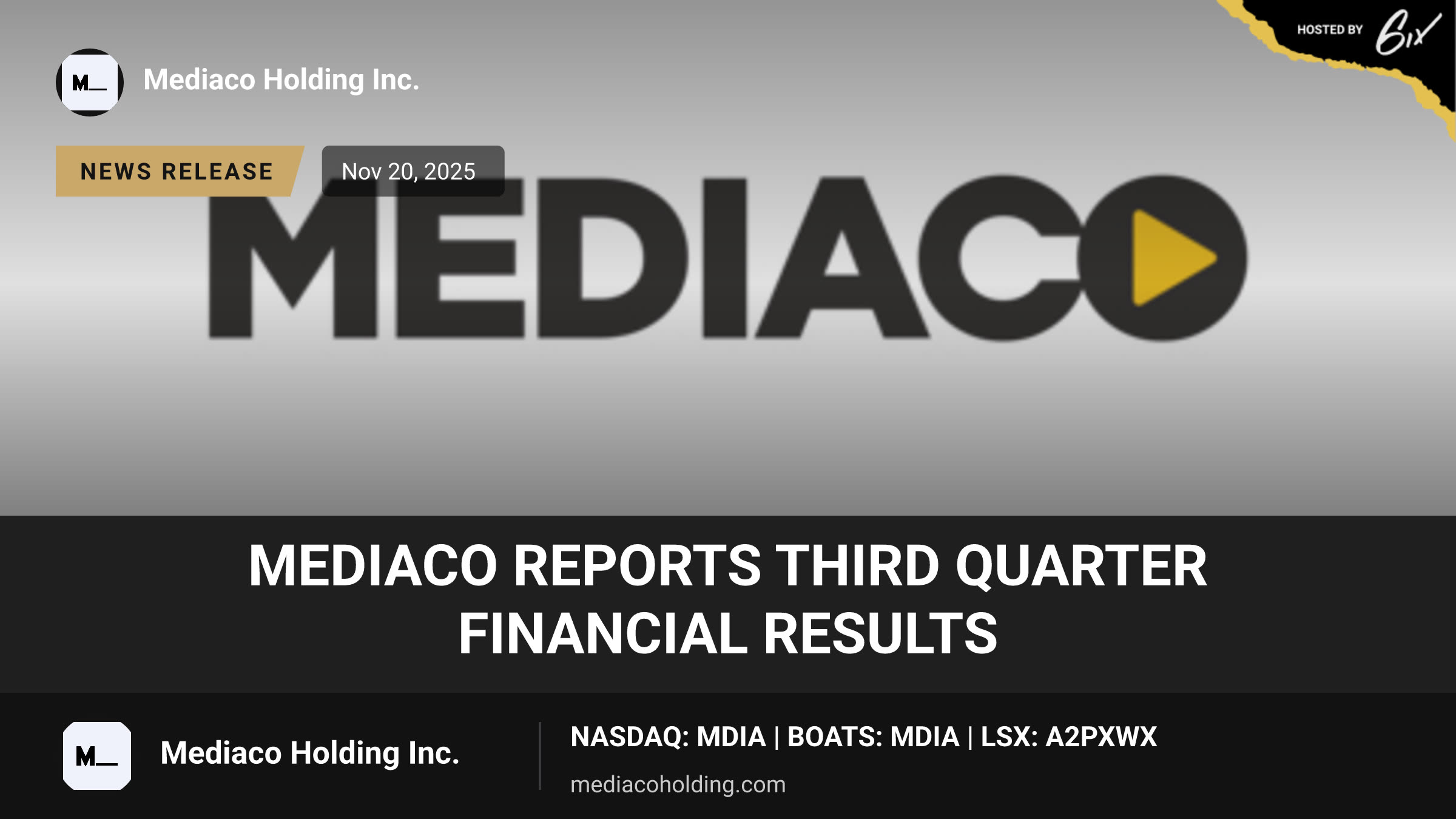 MediaCo Reports Third Quarter Financial Results