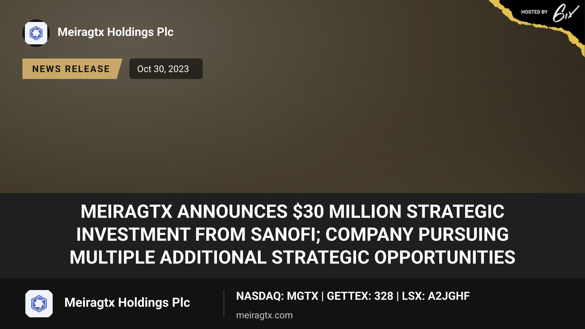 MeiraGTx Announces $30 Million Strategic Investment from Sanofi; Company Pursuing Multiple Additional Strategic Opportunities