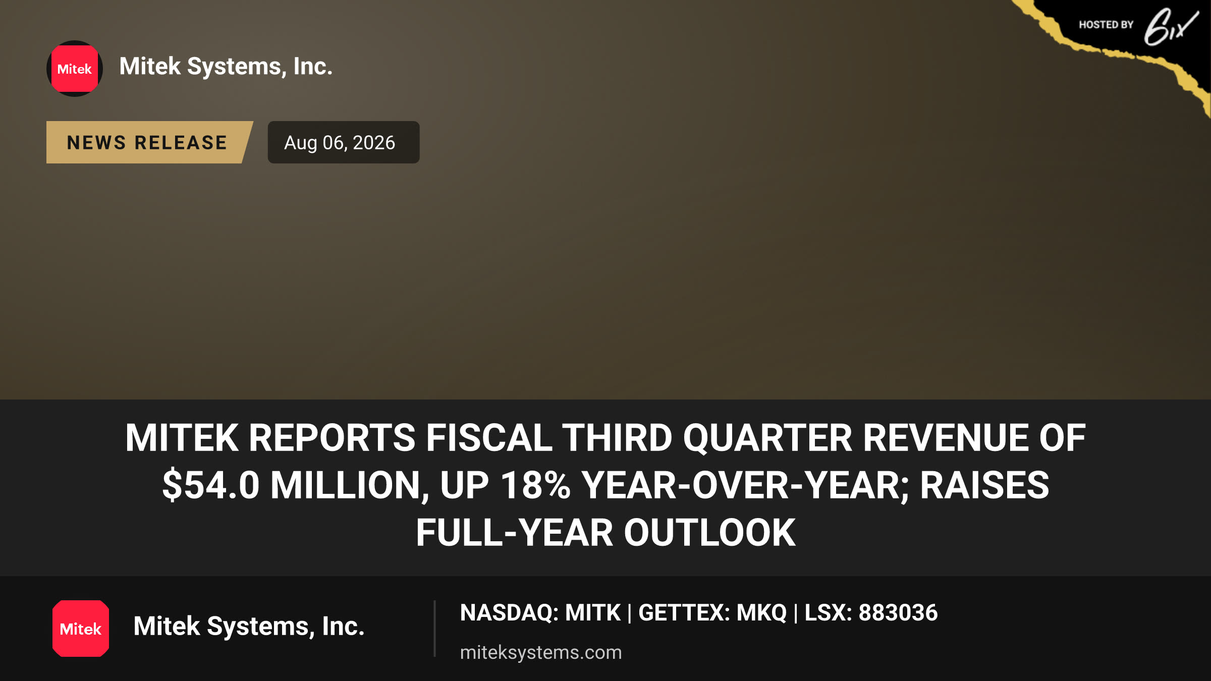 Mitek Reports Fiscal Third Quarter Revenue of $54.0 Million, Up 18% Year-Over-Year; Raises Full-Year Outlook