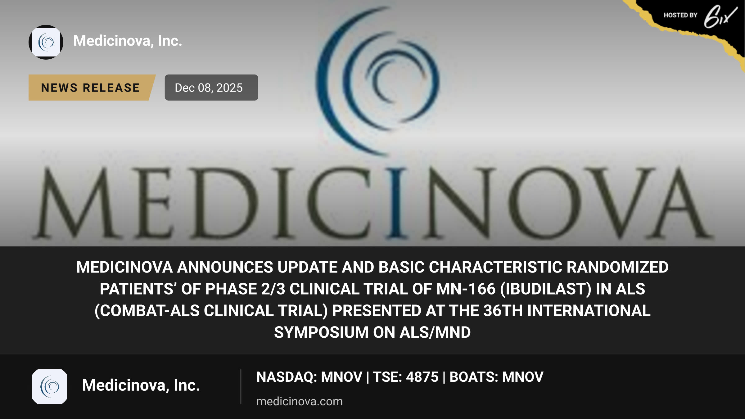 MediciNova Announces Update and Basic Characteristic Randomized Patients’ of Phase 2/3 Clinical Trial of MN-166 (Ibudilast) in ALS (COMBAT-ALS Clinical Trial) Presented at the 36th International Symposium on ALS/MND
