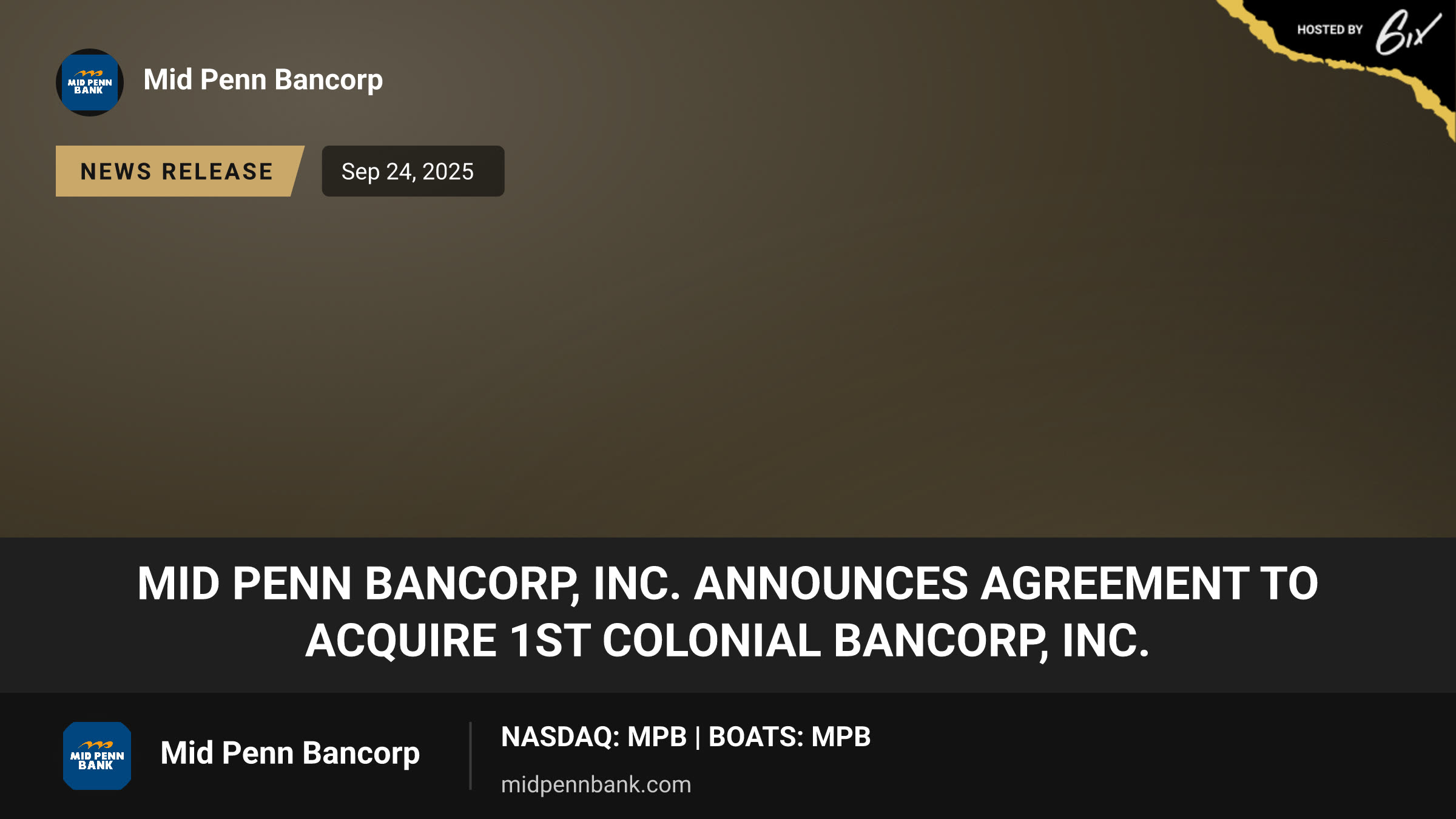 Mid Penn Bancorp, Inc. Announces Agreement to Acquire 1st Colonial Bancorp, Inc.