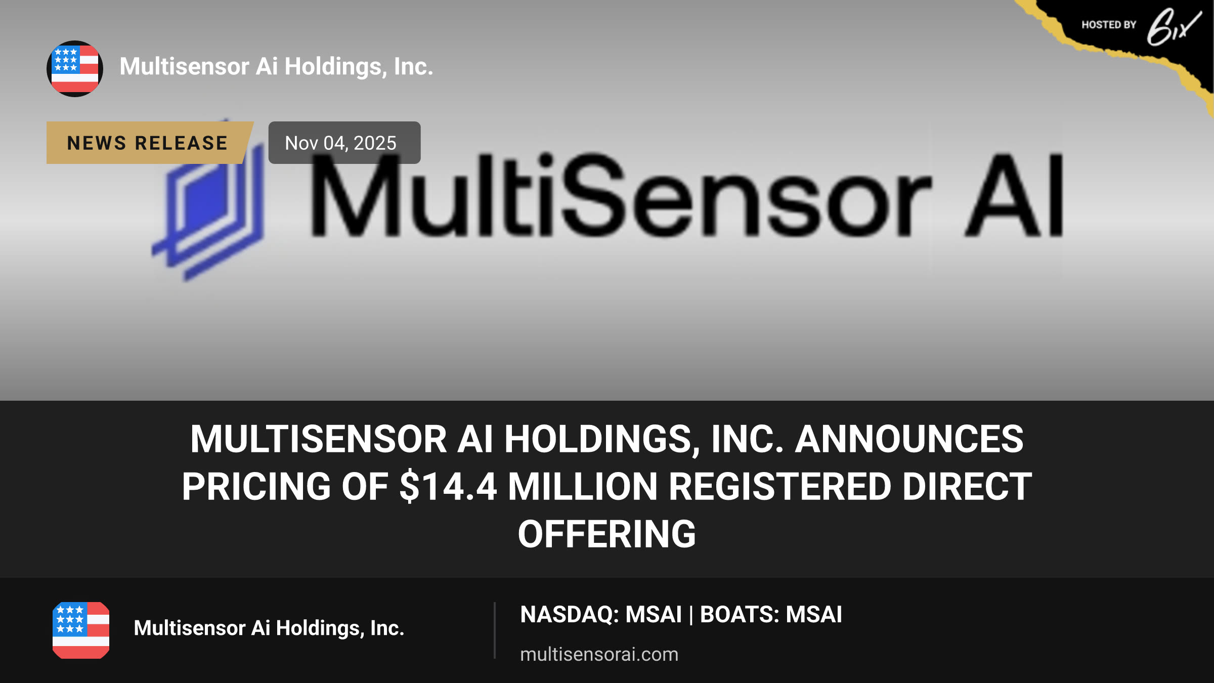 MultiSensor AI Holdings, Inc. Announces Pricing of $14.4 Million Registered Direct Offering