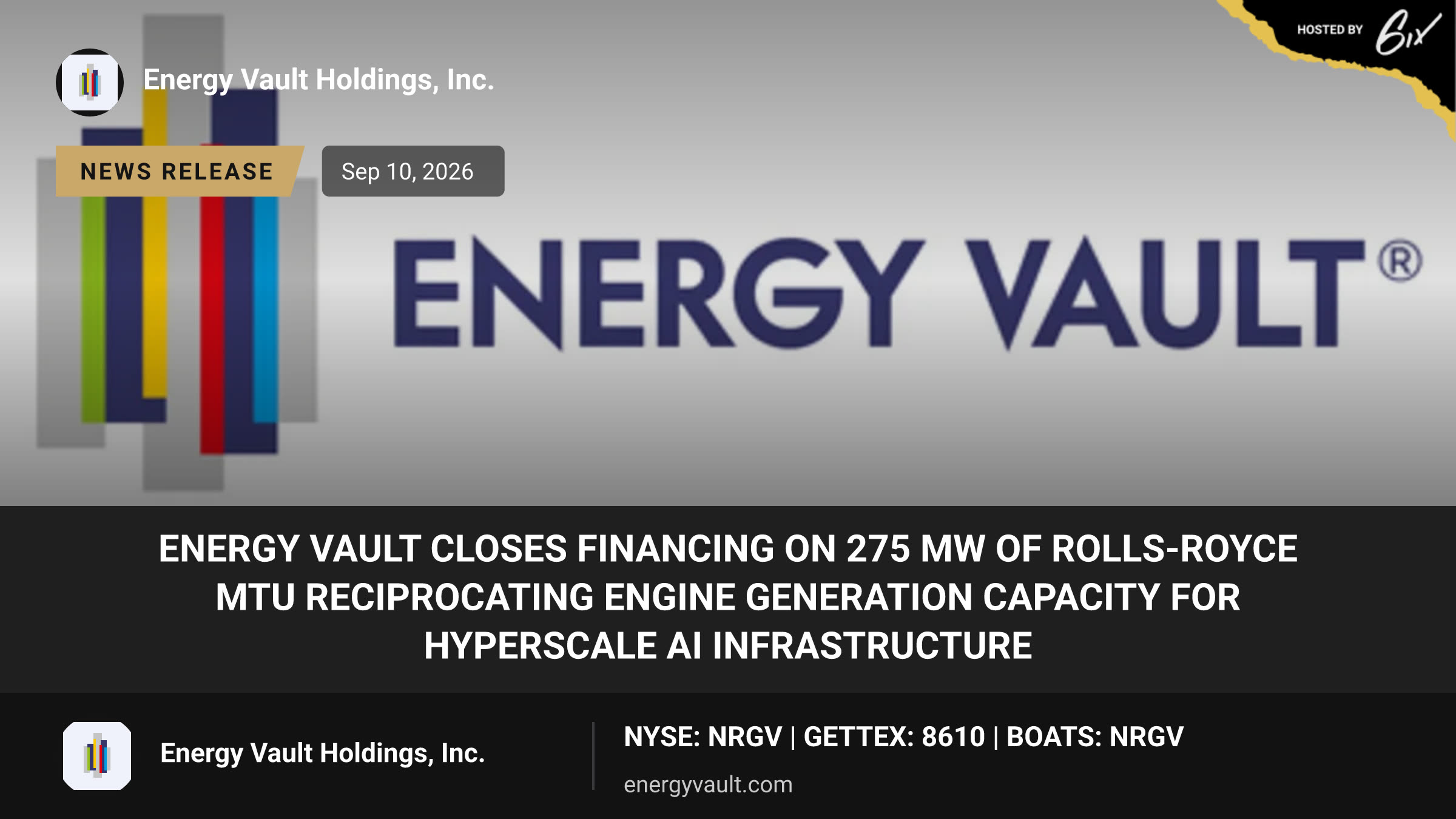 Energy Vault Closes Financing on 275 MW of Rolls-Royce MTU Reciprocating Engine Generation Capacity for Hyperscale AI Infrastructure