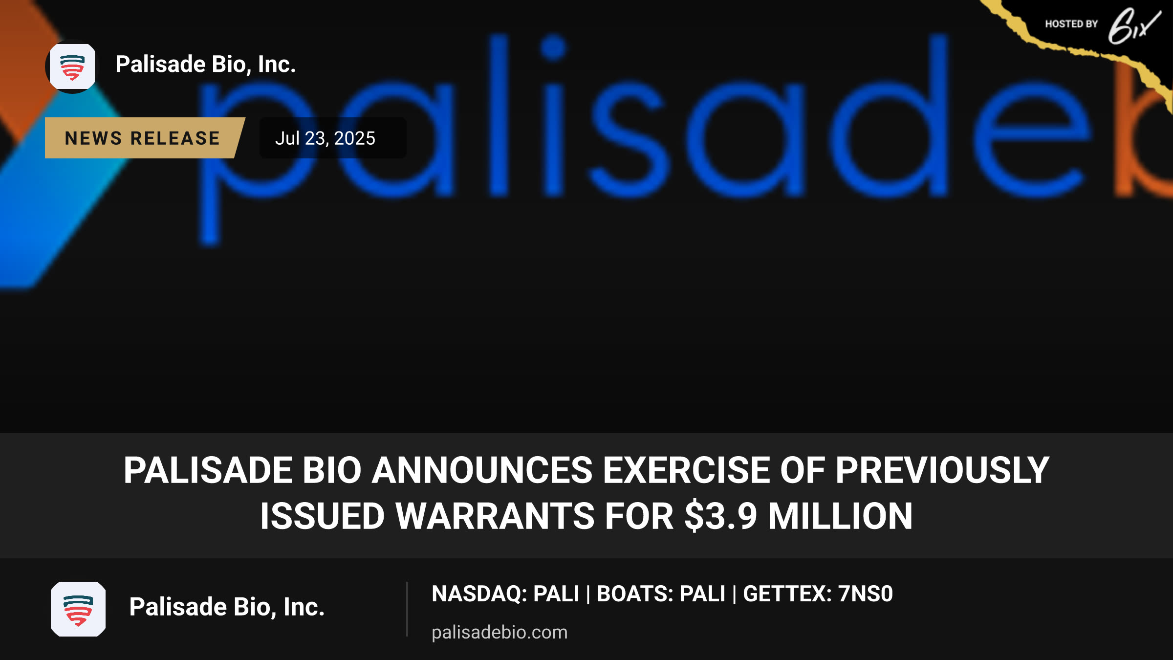 Palisade Bio Announces Exercise of Previously Issued Warrants for $3.9 Million