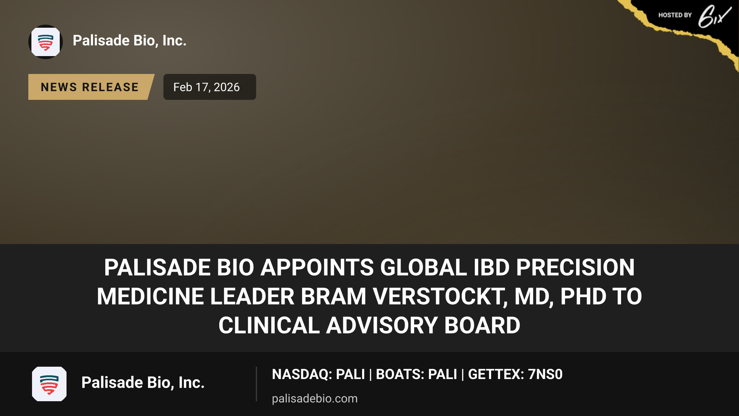 Palisade Bio Appoints Global IBD Precision Medicine Leader Bram Verstockt, MD, PhD to Clinical Advisory Board