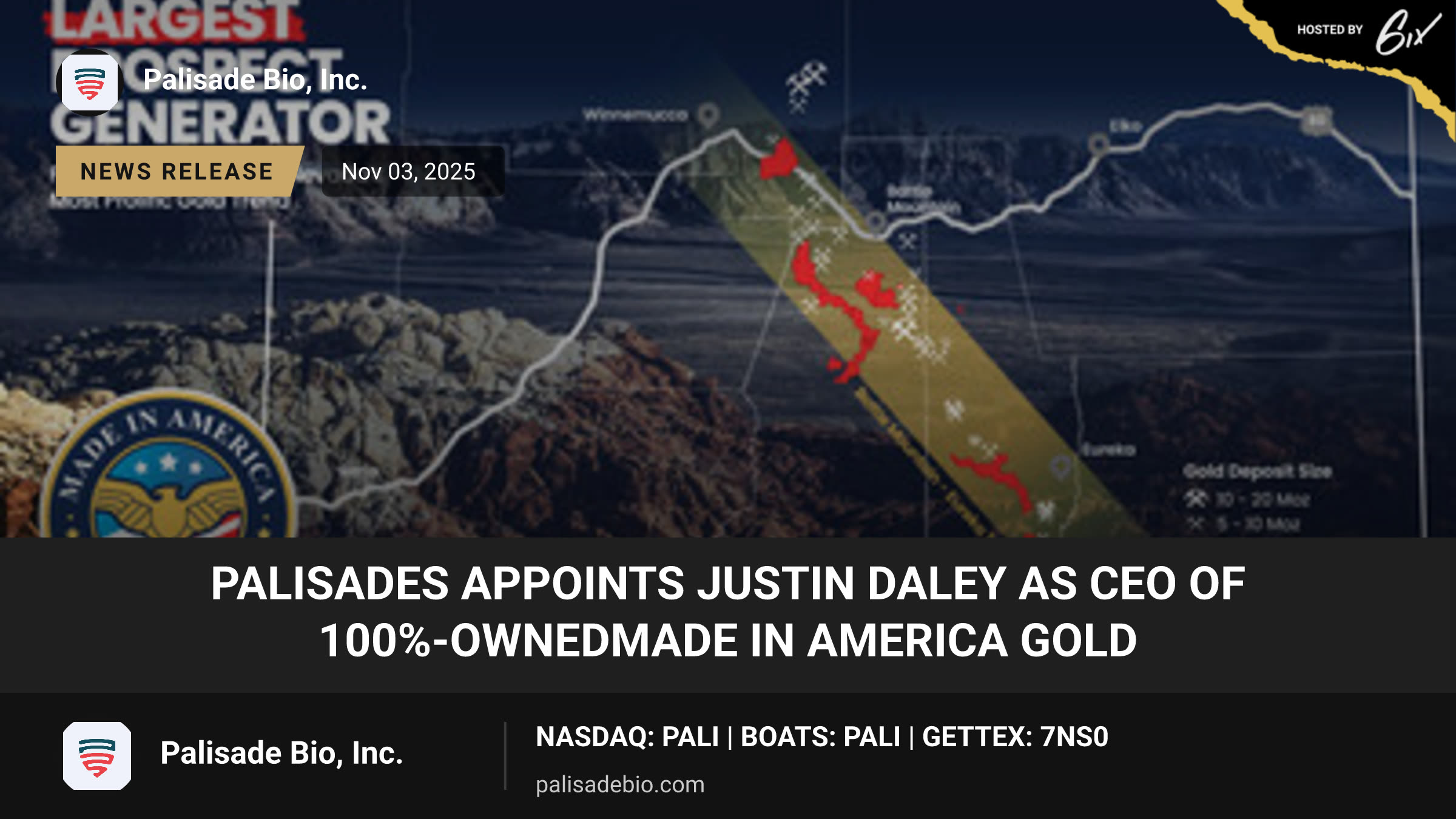Palisades Appoints Justin Daley as CEO of 100%-OwnedMade in America Gold
