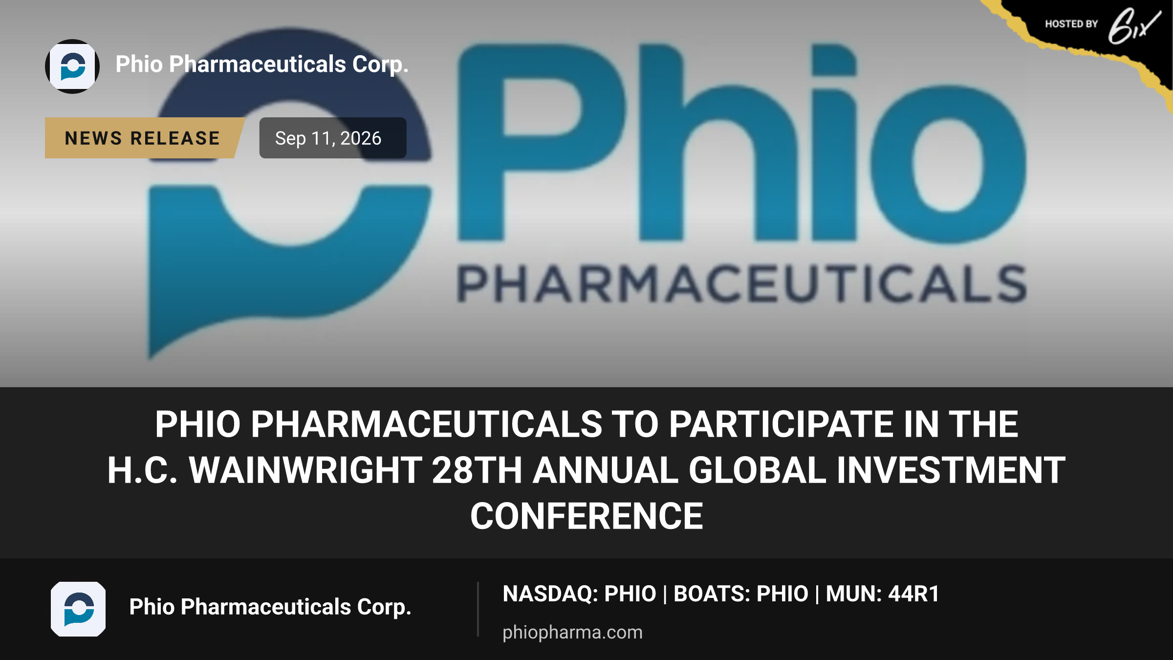 Phio Pharmaceuticals to Participate in the H.C. Wainwright 28th Annual Global Investment Conference