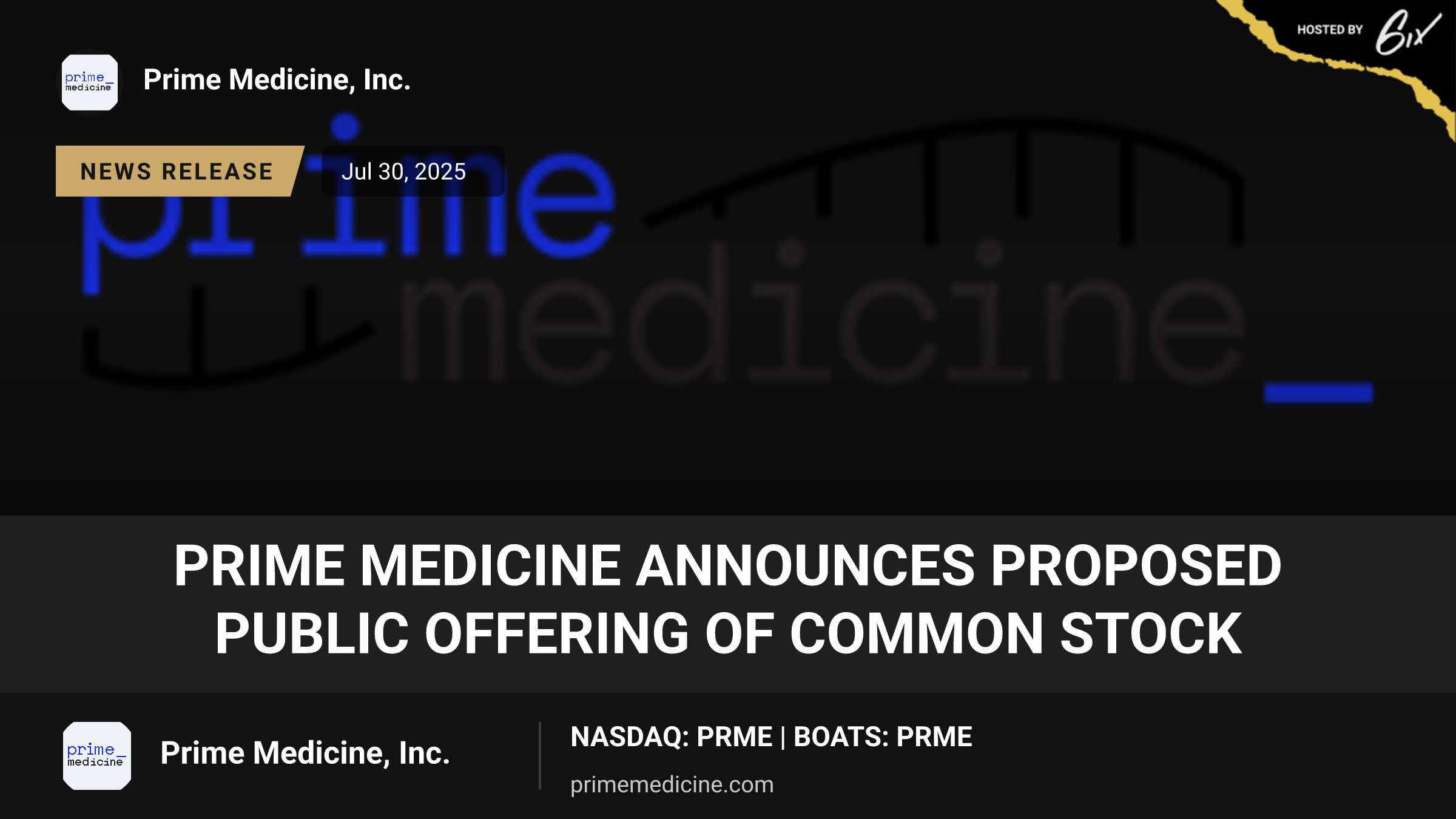 Prime Medicine Announces Proposed Public Offering of Common Stock